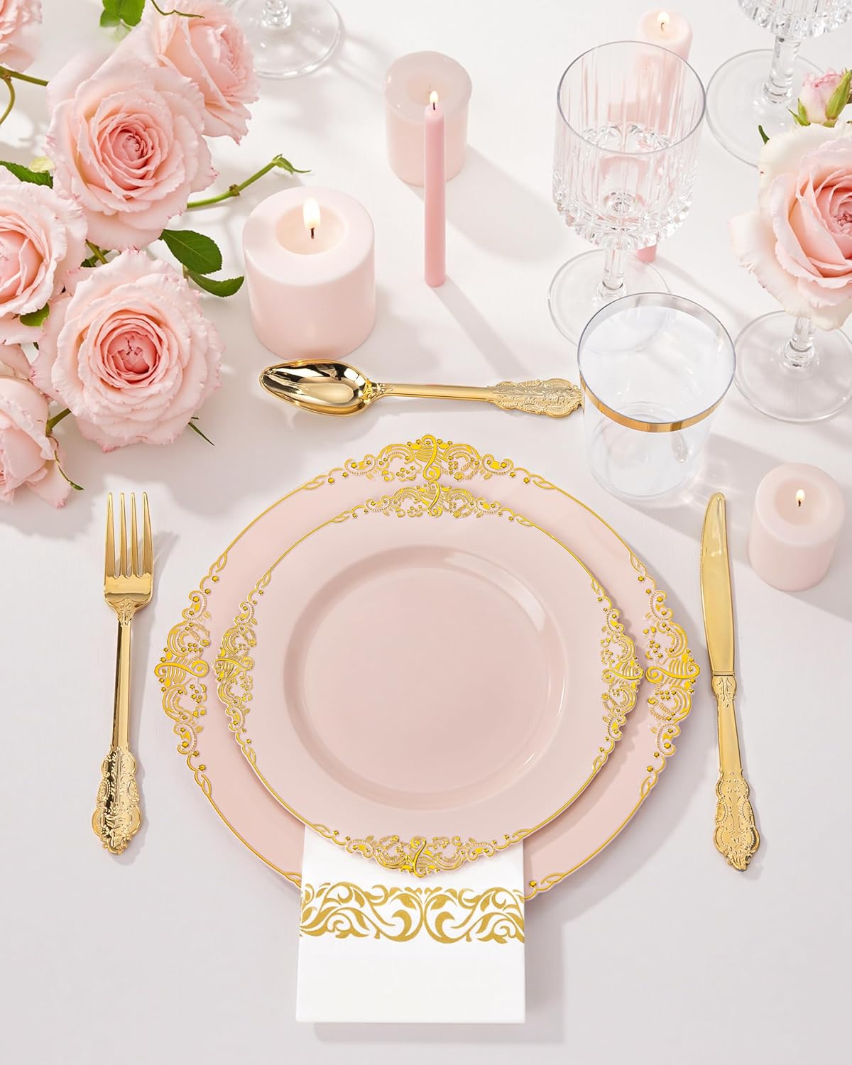 Nervure 350PCS Pink Plastic Plates - Pink Dinnerware Sets for 50 Guests - 100 Disposable Plates, 150 Gold Plastic Silverware, 50 Cups, 50 Napkins for Wedding & Party