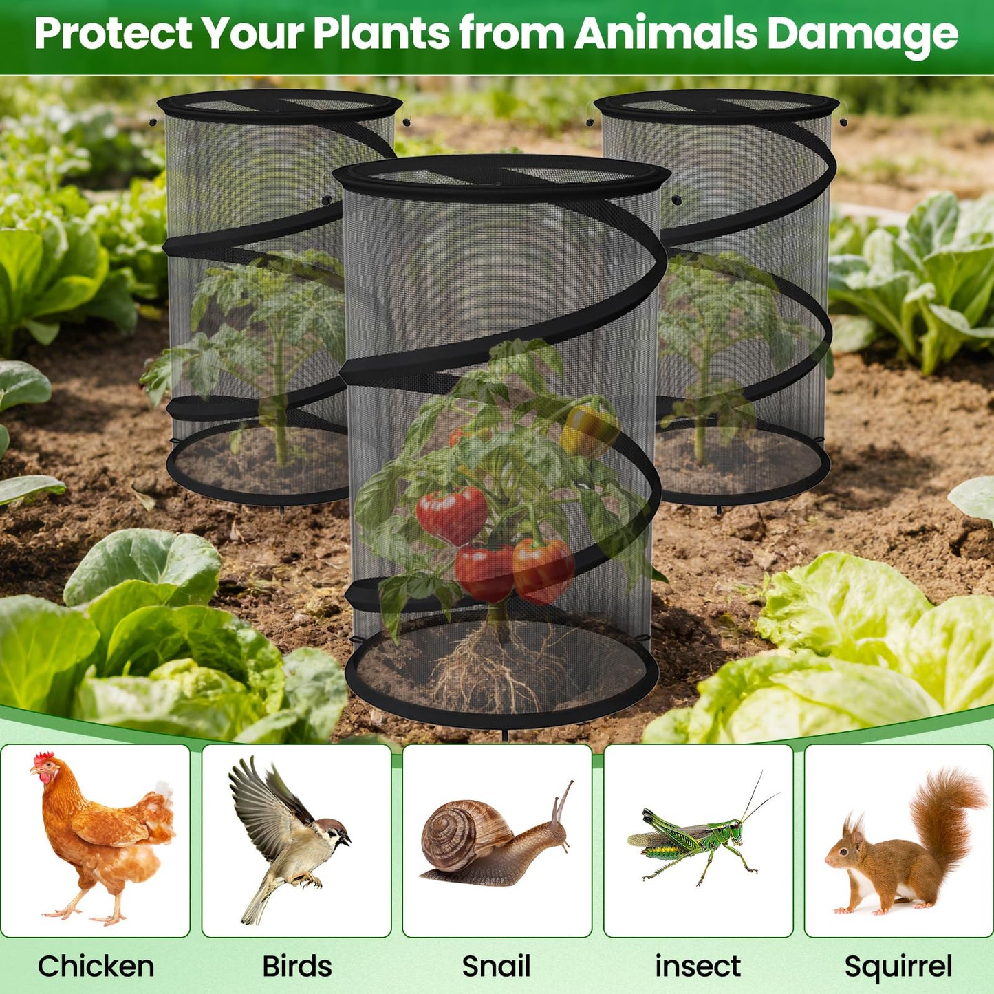 4 Pack Pop up Plant Guard Covers Tent from Animals Black, 19.6" x 11.8" Foldable Plant Protectors Mesh Net, Garden Plant Enclosure Protection Cage with Stakes & Carry Bag for Outdoor Plants