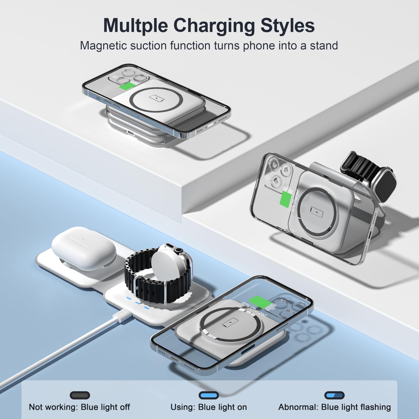 UCOMX 3 in 1 Charging Station for Multple Devices,Foldable 3 in 1 Wireless Charger for Travel,NANO Wireless Charging Station for iPhone17 16 15 14 13 12 Pro Max/Watch 10 9 8 7 6 5 4 3 Ultra/AirPod Pro