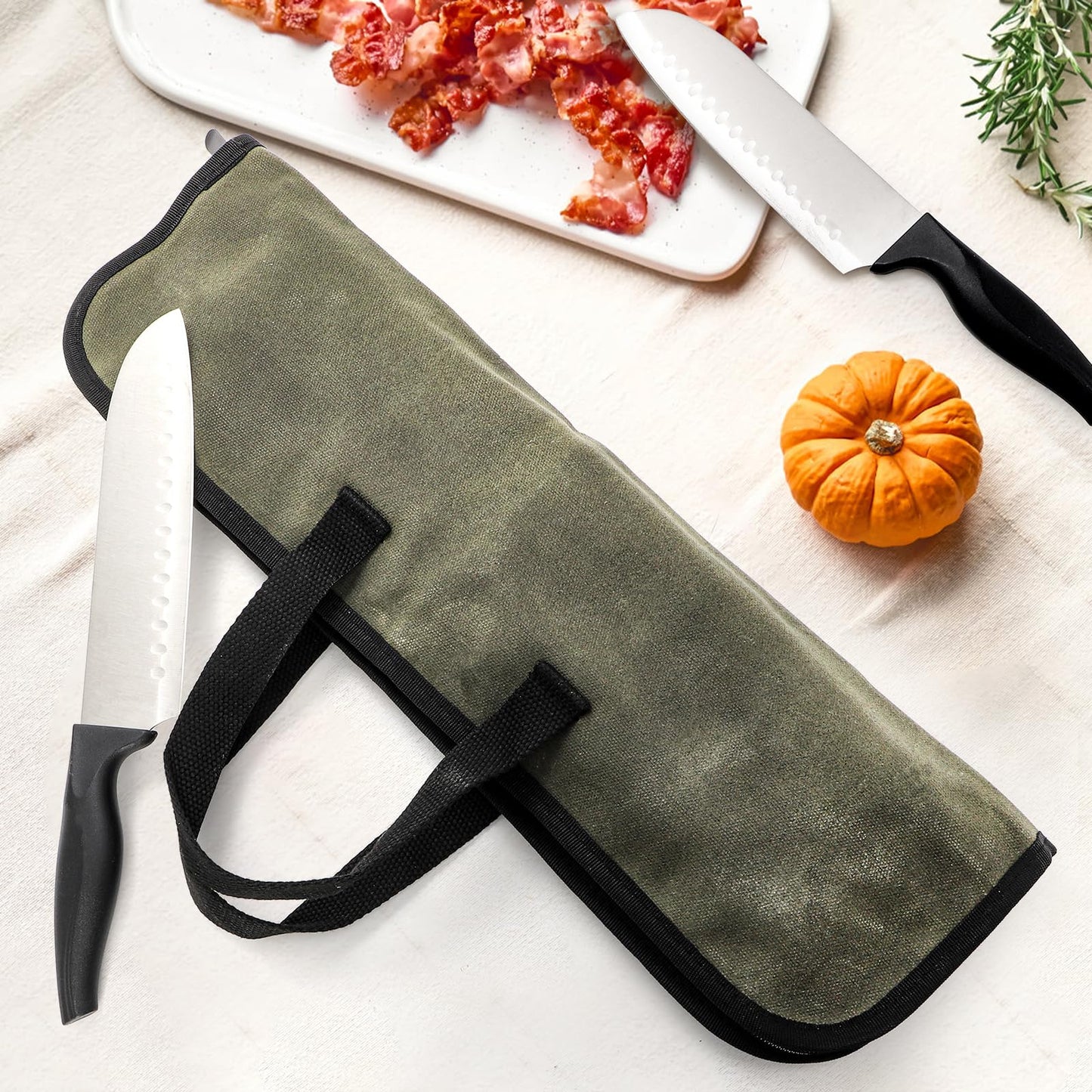Tosnail Chef Knife Roll Bag with 4 Slots, Heavy Duty Waxed Canvas Knife Bag with Handle, Kitchen Knife Storage, Portable Knife Carrying Case