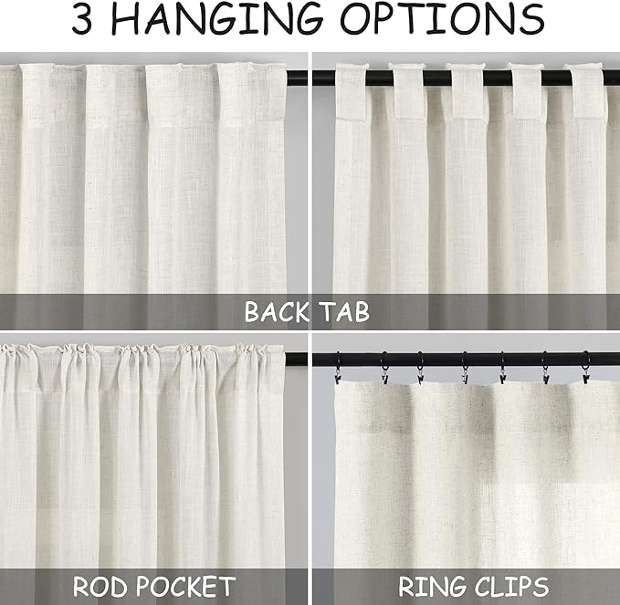 Cream Semi Sheer Linen Curtains 63 inch Length for Living Room Back Tab Rod Pocket Modern Farmhouse Coastal Decor Cotton Textured Gauze Curtain Bedroom Dining Room Office 36x63,2 Panels