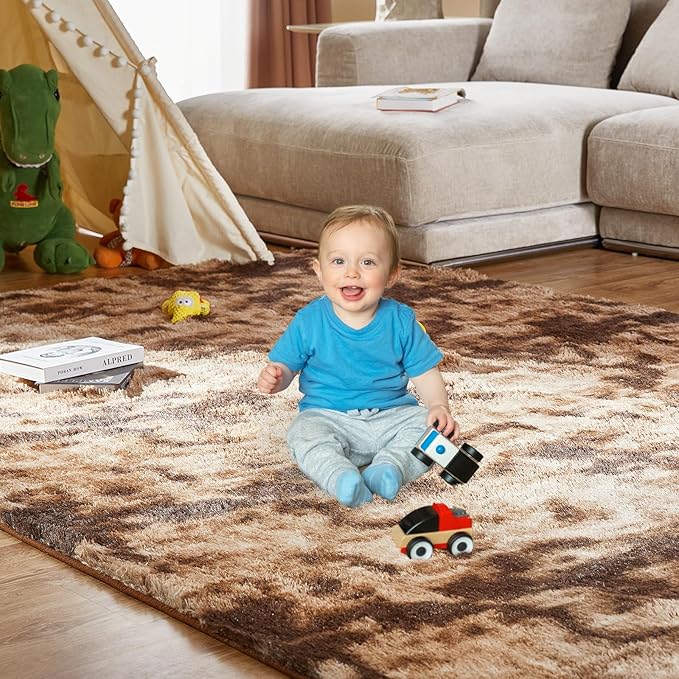 Large Shag Rugs 9X12, Plush Fuzzy Area Rugs for Living Room, Large Shag Fluffy Bedroom Carpet, Furry Rugs for Girls Boys Kids Room, Extra Large Fuzzy Rug, Shag Carpet, Tie-Dyed Brown