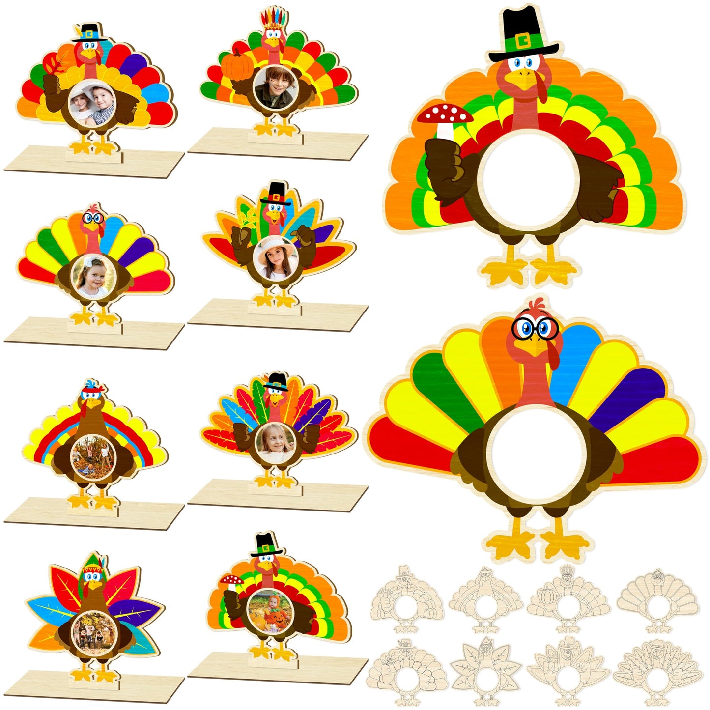 Moon Boat 16Pcs Thanksgiving Crafts Wooden Turkey Picture Frame DIY Painting Arts Kit Fall Party Favors Classroom Activities Table Decorations