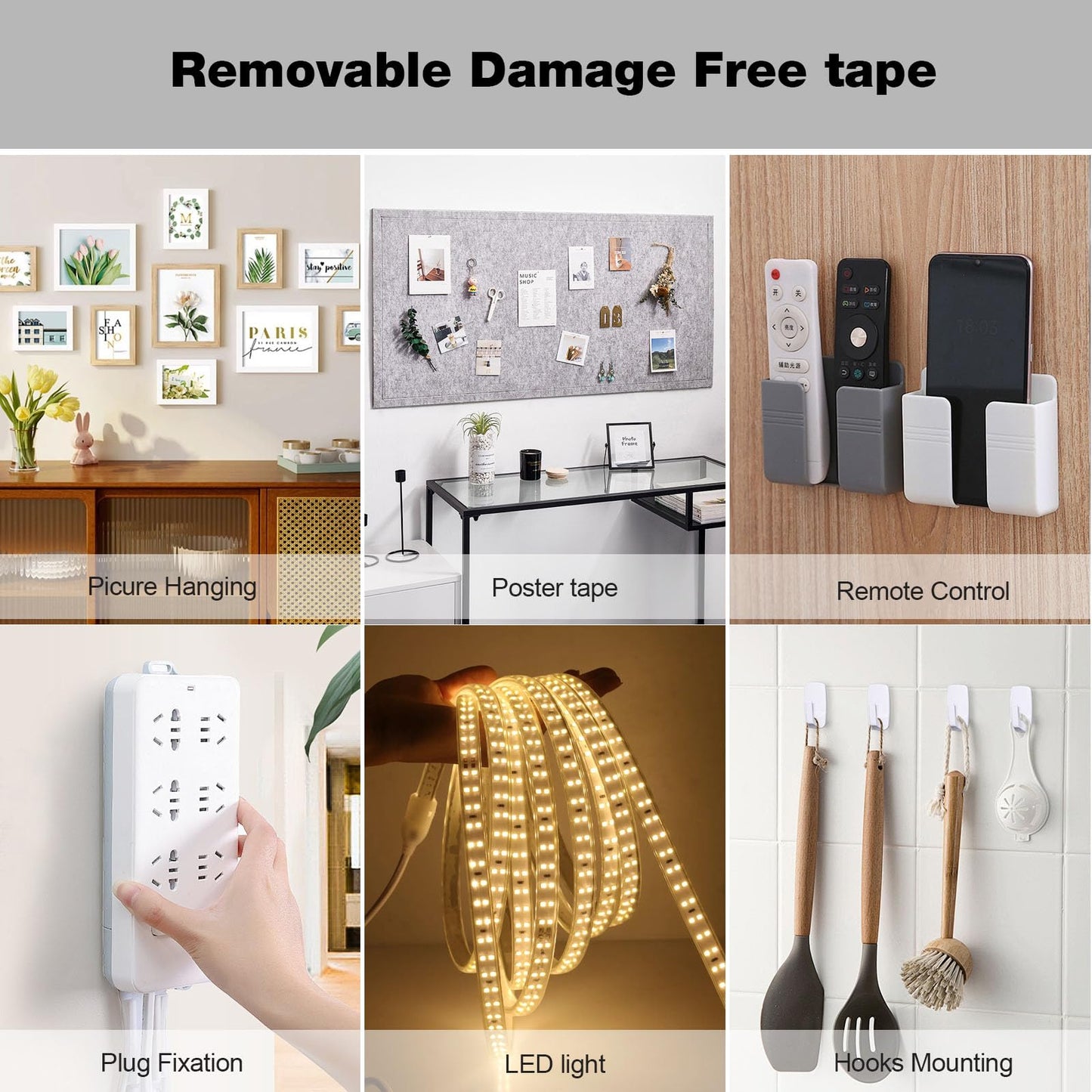 Hasaky Damage Free Removable Wall Tape 18ft, Rug Gripper Heavy Duty Double Sided Tape Black, Picture Hanging Strips Replacement, Mounting Tape Adhesive Strips