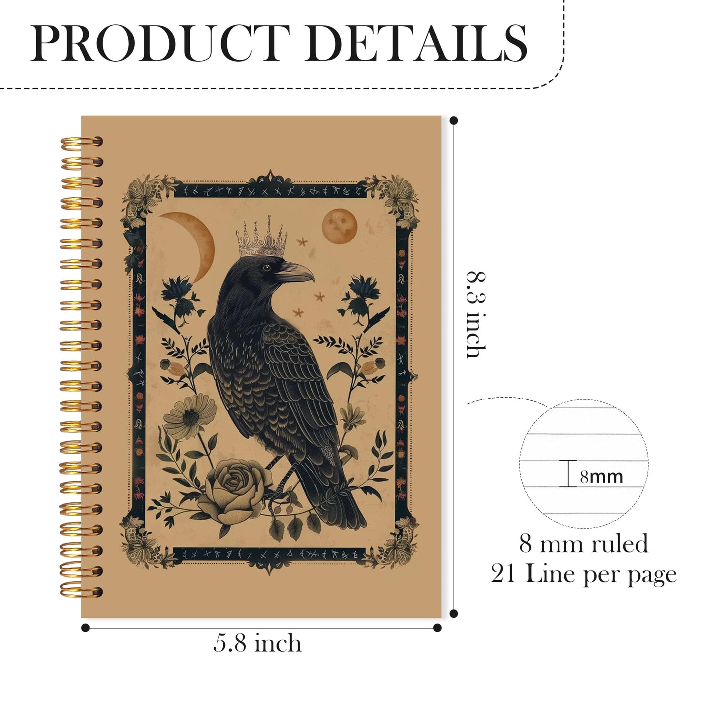 LADOCK Boho Gothic Raven Notebook, Dark Academia Witchy Crow Journal, Mystical Celestial Vintage Floral Botanical Raven Spiral Notebook Journal, Crow Gifts for Women, 5.5x8.3