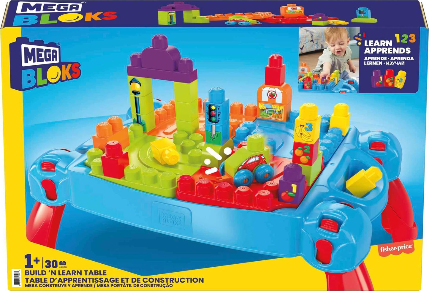 Mega Bloks First Builders Build 'n Learn Table with Big Building Blocks, Building Toys for Toddlers (30 Pieces)