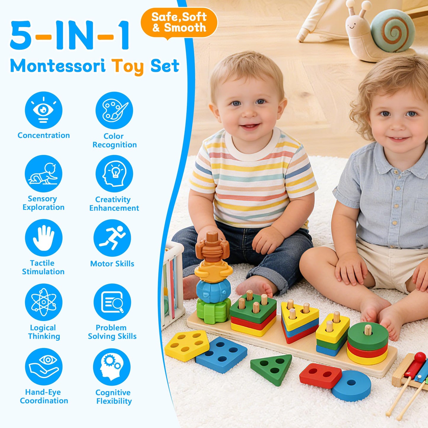 FlufiFiea Baby Toys for 6-18 Months, 5-in-1 Montessori Educational Toy Set with Soft Teething Toy Stacking Blocks Rings Sensory Bin, Sorting Sensory Educational Learning Gift for Toddlers Aged 1-3