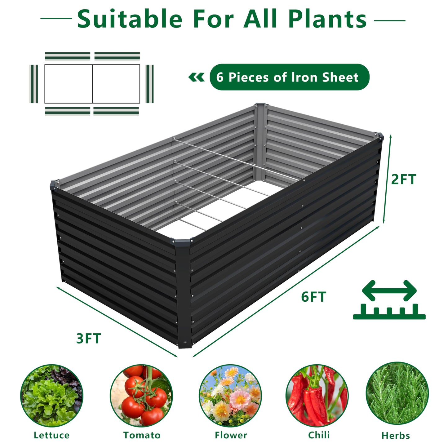 DIIYIV Galvanized Raised Garden Bed Kit Outdoor Patio,6x3x2ft Large Rectangular Metal Planter Boxes,Deep Root Box Planter for Gardening,Vegetables,Flowers,Herbs-Black