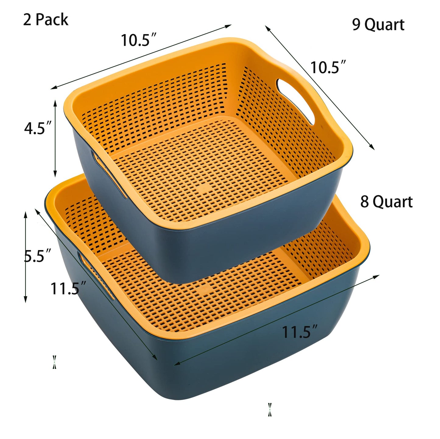 Jucoan 2 Pack 9 & 8 Quart Large Kitchen Strainer Colander Bowl Set, Double-Layer Plastic Fruits Vegetable Washing Basket, Drain Bowls for Cleaning Washing Mixing, Detachable (Blue, Orange)