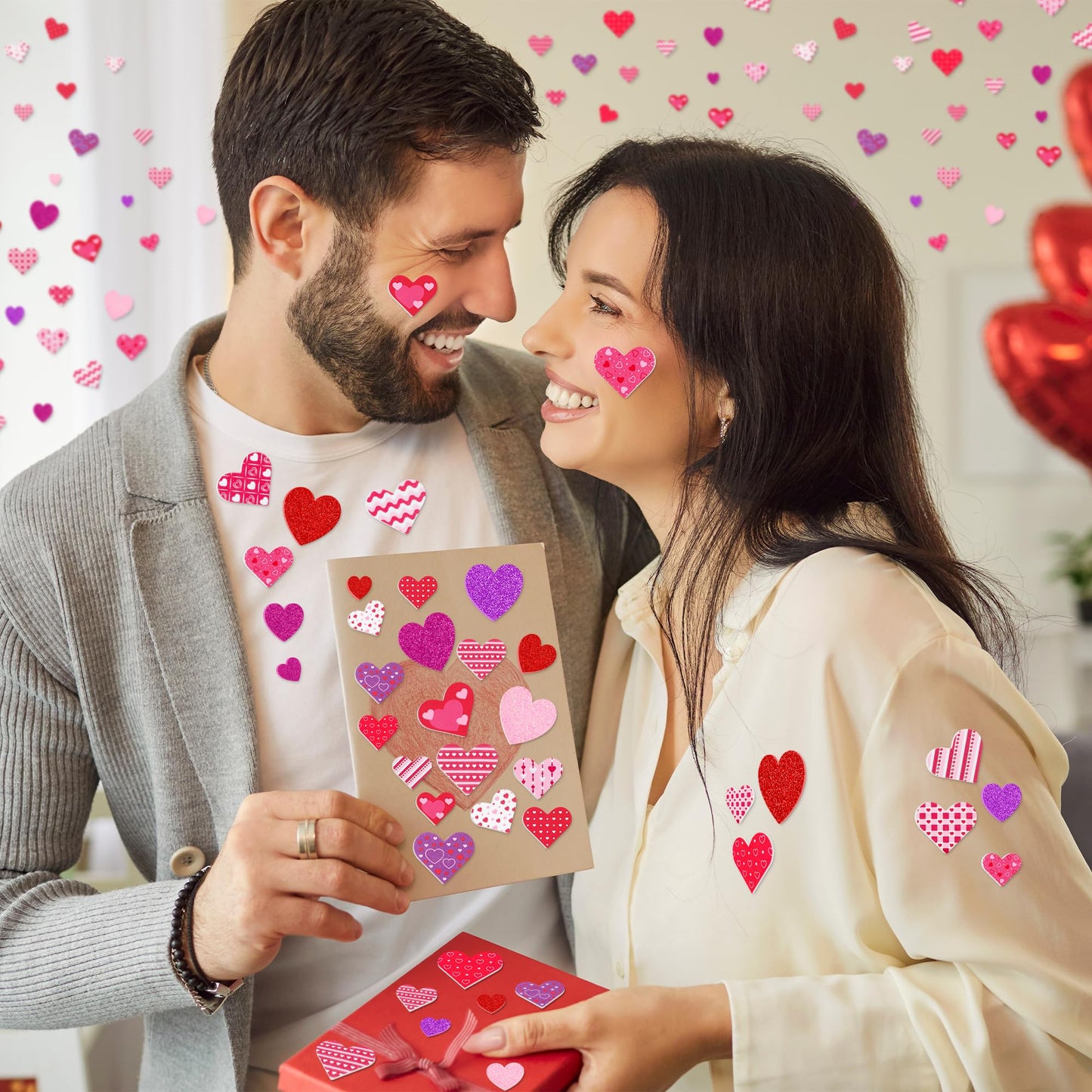 500 PCS Valentines Stickers, Self-Adhesive Foam Heart Stickers for Craft Lovers, 3 Sizes Glitter Polka Dots Stripe Valentines Decor, Bulk Valentine Crafts Red Pink DIY Decor for Frames Presents Cards