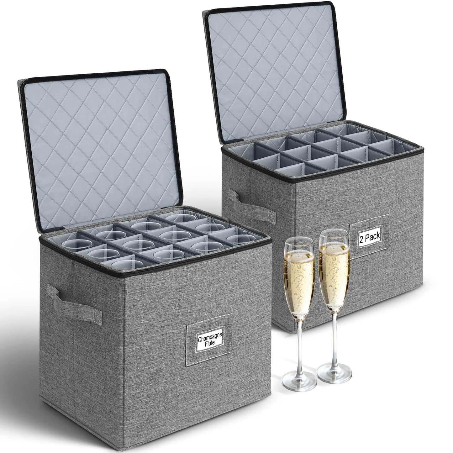 punemi Champagne Flute Storage Container, 2 Pack Wine Glass Storage Box w/Hard-Shell Top, Bottom & Sides, Dividers, Stackable Glassware Storage Container for Champagne, White Wine & Stemware