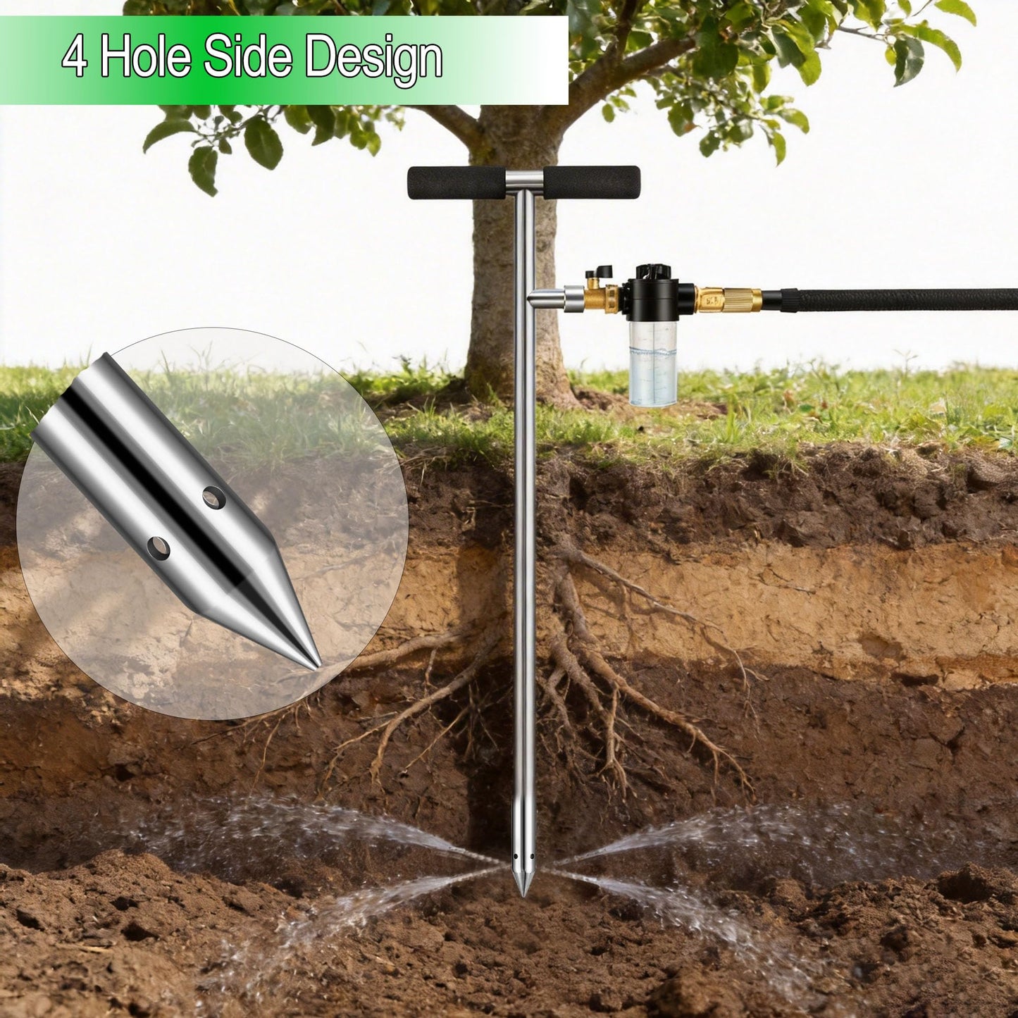 Caulimo Deep Root Watering Tool for Trees, Tree Watering Spike with Fertilizer Bottle, Stainless Steel Root Feeder for Garden, Orchard & Shrubs, Tree Irrigation System with Brass Valve, T-Handle