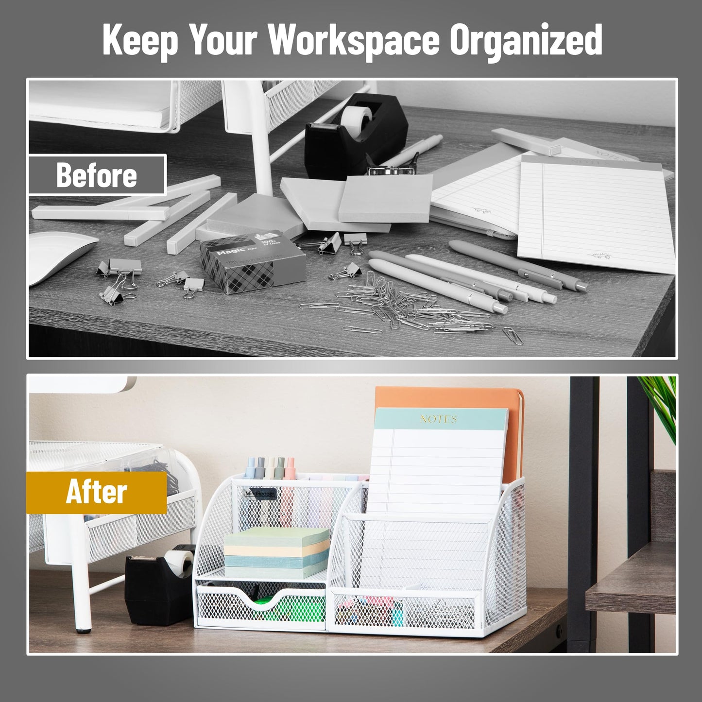 Mind Reader 7-Compartment Desktop Organizer, File & Accessory Storage, Metal Mesh Office Organizer for Desk, Workspace, Mail, White
