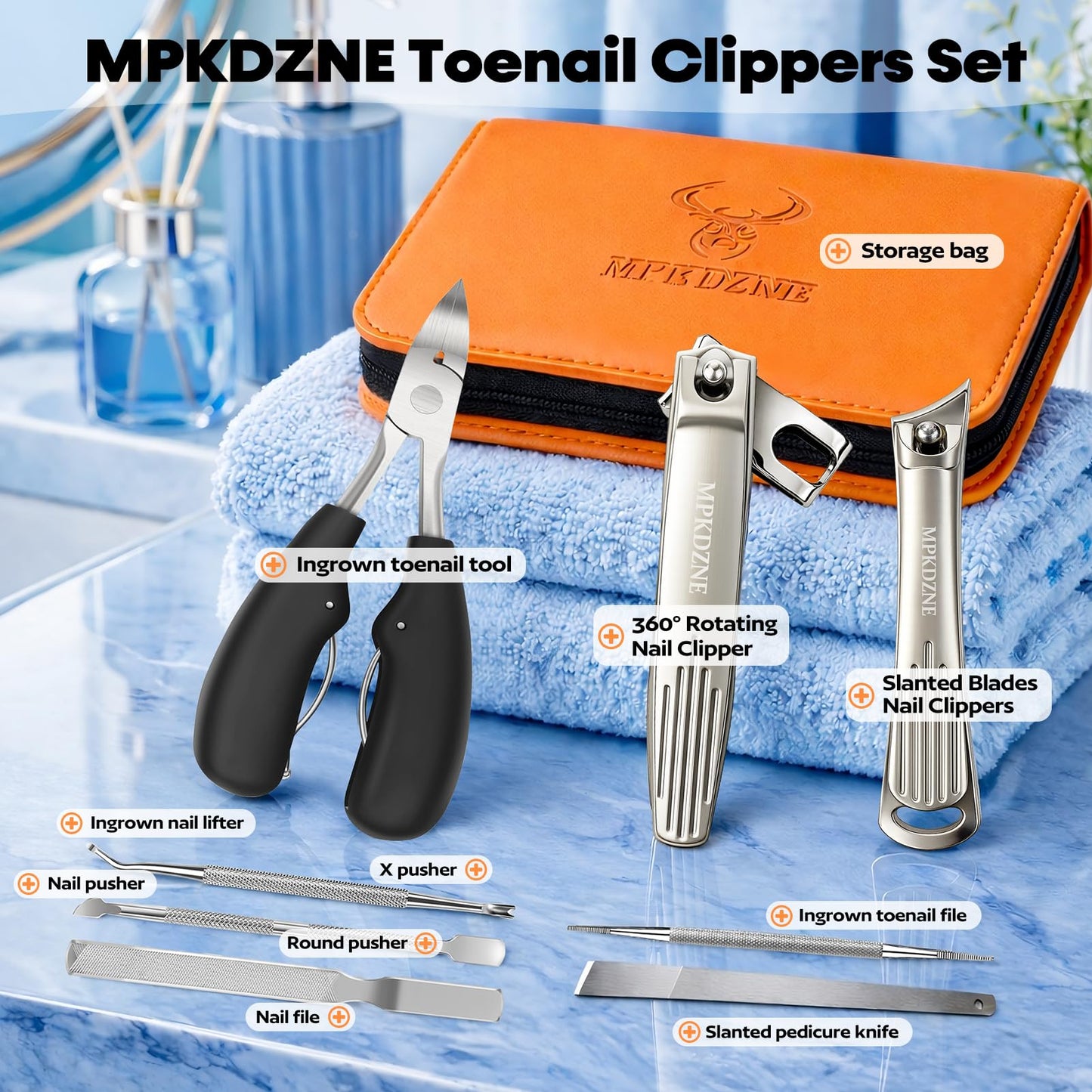 8-in-1 Heavy Duty Toenail & Fingernail Clippers for Seniors Men with Thick & Ingrown Nails - Manicure Pedicure Kit with 360° Swivel Head - Professional Wide Jaw Podiatrist Tools