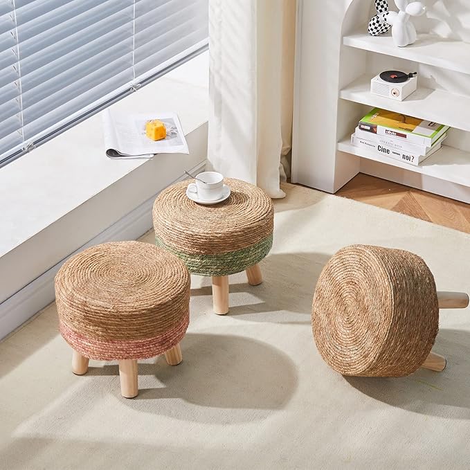 Wimarsbon Round Foot Stool Natural Seagrass Poufs Ottoman Hand Weave Footrest Stool for Couch Desk Extra Seat Step Stool with Solid Wood Legs for Hallway Patio Lounge Natural