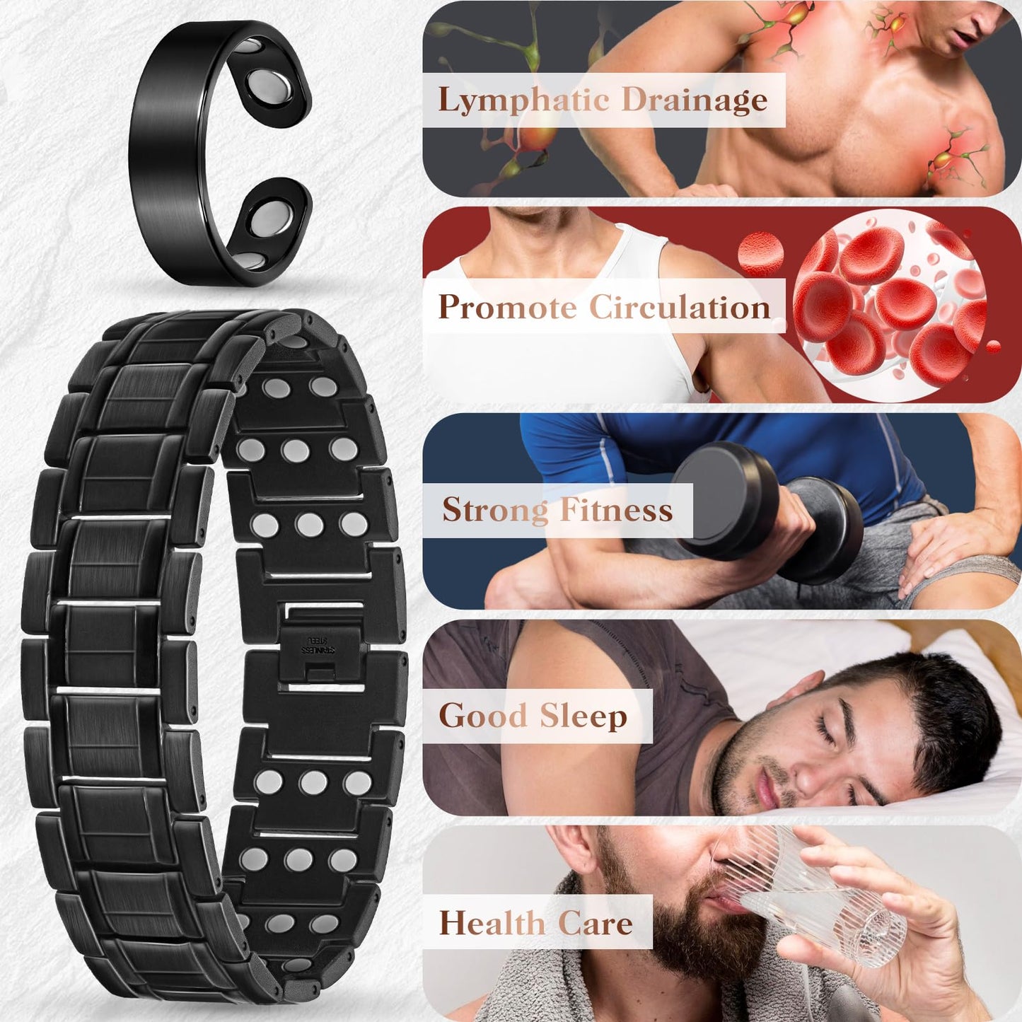 Mahnco Copper Bracelet for Men with Triple-Row Strong Magnets Magnetic Bracelets & Lymphatic Drainage Ring Set with Adjustable Sizing Tool, Magnetic Jewelry Gift (Black)