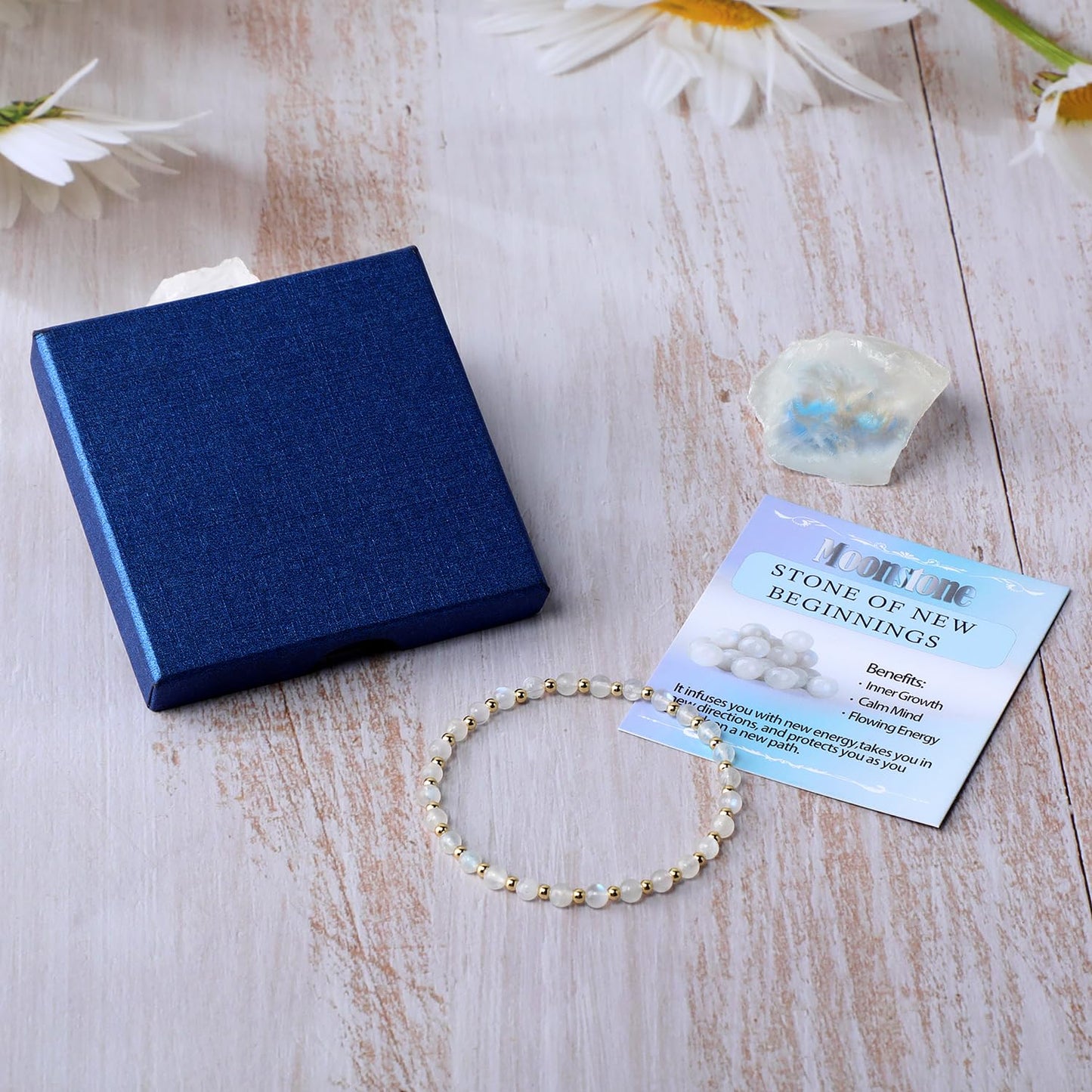 QOGIR Moonstone - New Beginnings - 14K Gold Plated Beads Natural Gemstone Stretch Elastic Dainty Healing Beaded Bracelets Gifts 4mm