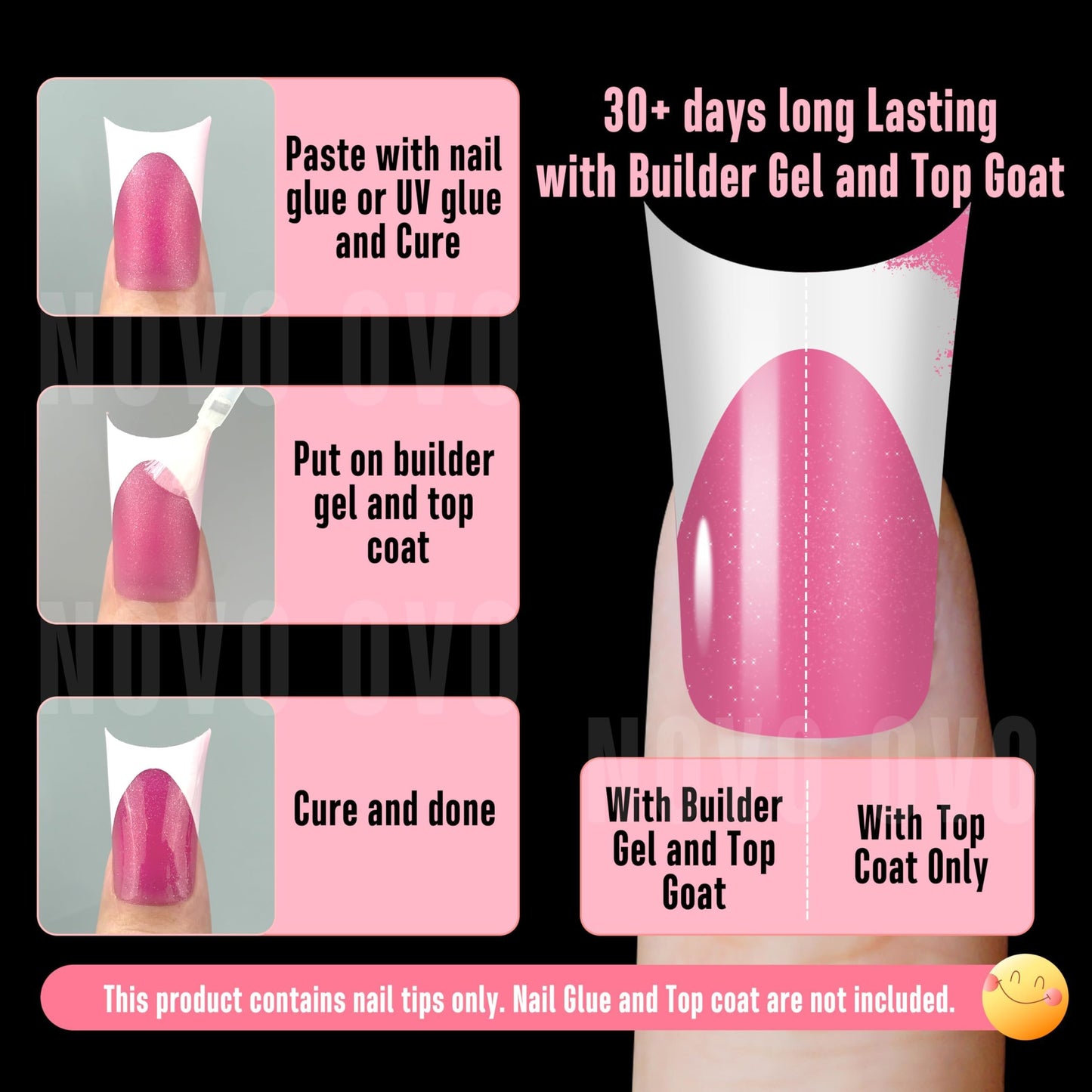 NOVO OVO Halloween Duck Nail White French Tips Press On ROSE PINK with Glitter, Full Cover Acrylic with Moon Curve, Medium Thick Pre-Etched Flare Wide Soft Gel False Nail Extension x 15 Sizes 150 pcs