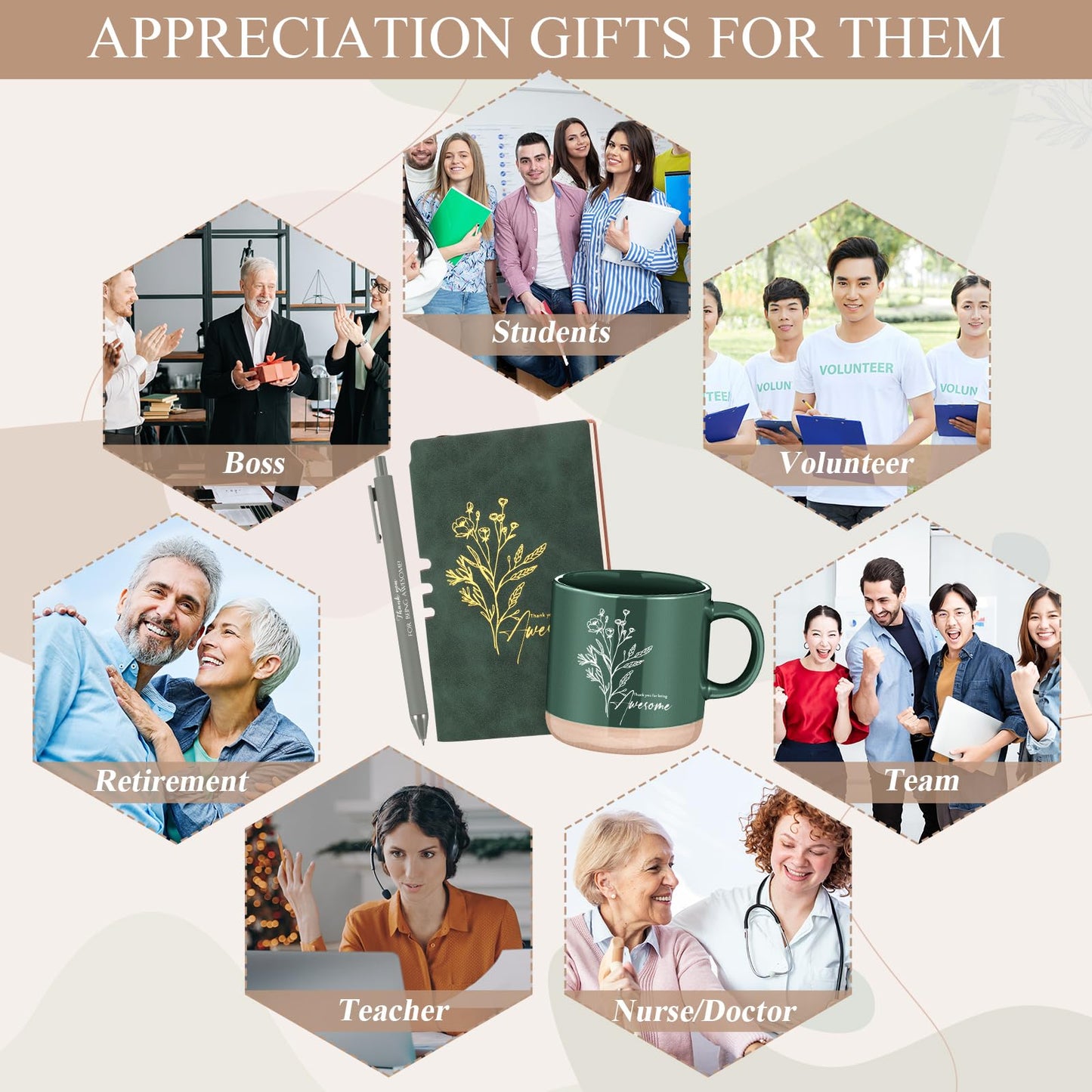 Didaey 4 Sets Employee Appreciation Gifts Set 13oz Boho Floral Ceramics Coffee Mugs with A6 Leather Notebooks Ballpoint Pens Bulk Christmas Thank You Gift for Coworkers Staff Team Nurse