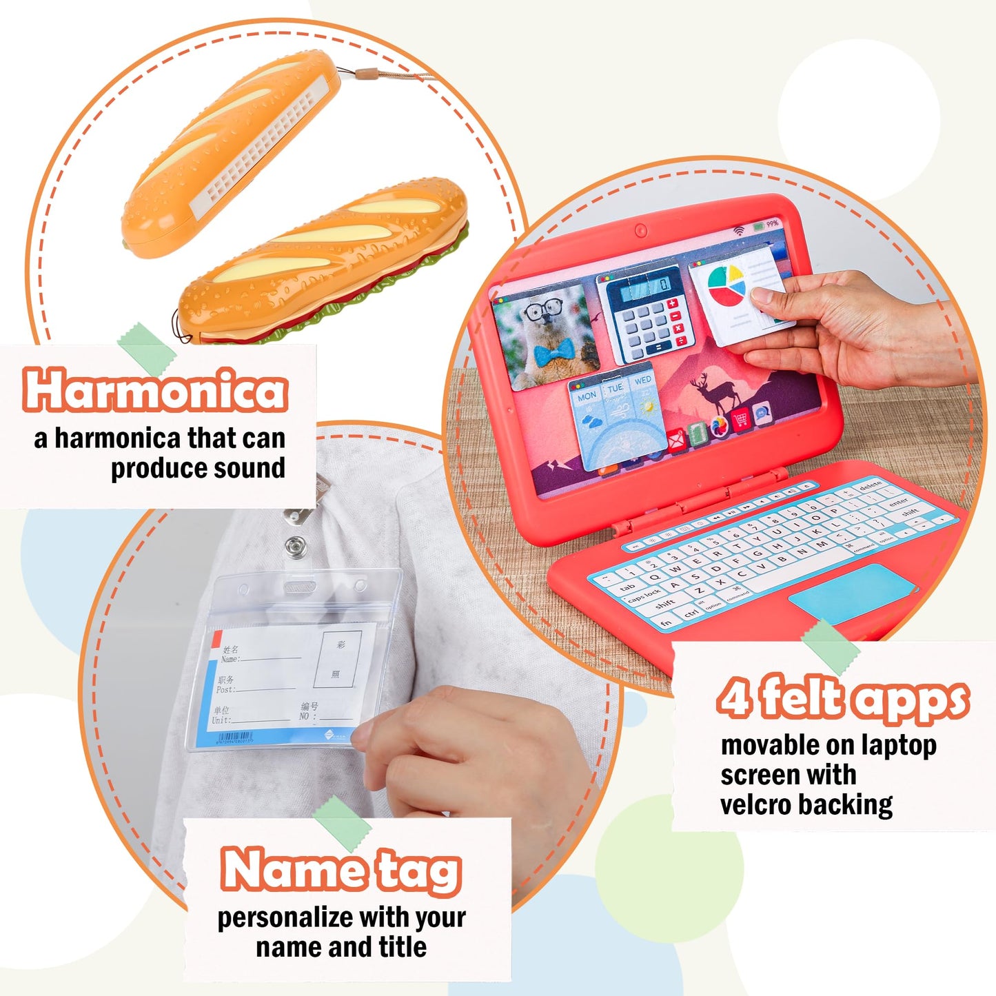 Pretend Play Home Office Set for Kids Ages 3-7, Includes Toy Kids Laptop,Cell Phone,Hamburg Harmonica,Headset & Toddlers Beverage Cup-Pretend Work Simulation Play
