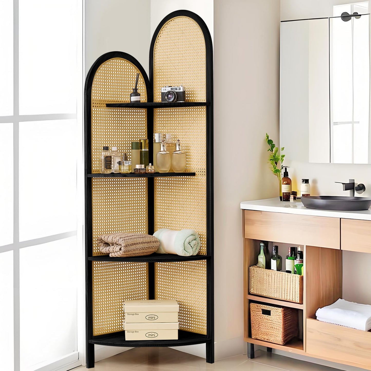 Aletheiawu Corner Shelf Stand 4-Tier 70" Corner Shelves Display Shelf Pine Wood Frame with Rattan Wall Corner Bookshelf Multi Unit Organizer Rack with Legs for Living Room Decor,Small Space (Black)