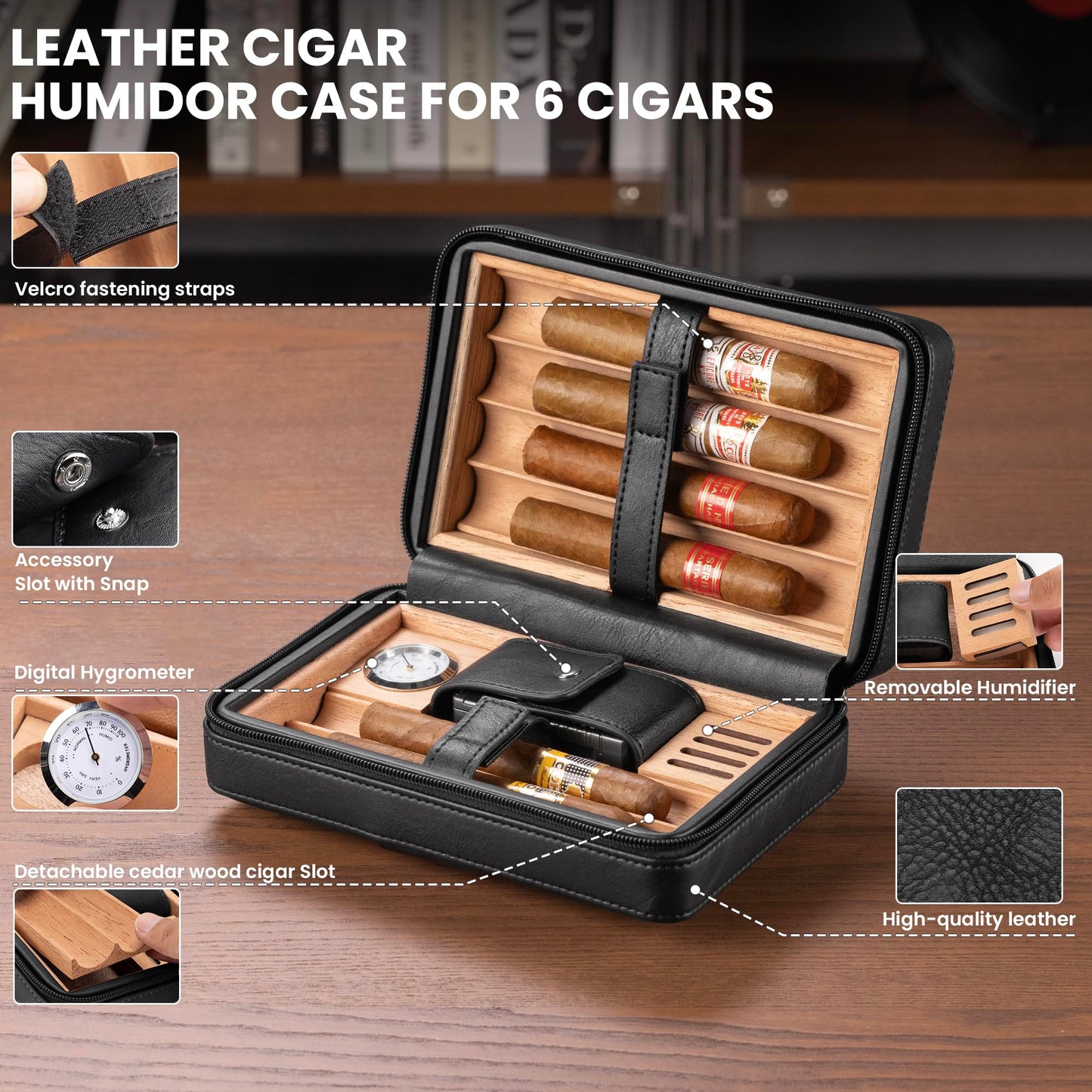 Cigar Humidor, Leather Cedar Wood Cigar Case with Multi-Functional，Hygrometer,Humidifier, Portable Cigar humidor,Carry Strap,Travel humidor Cigar Box, Cigar Gift for man.