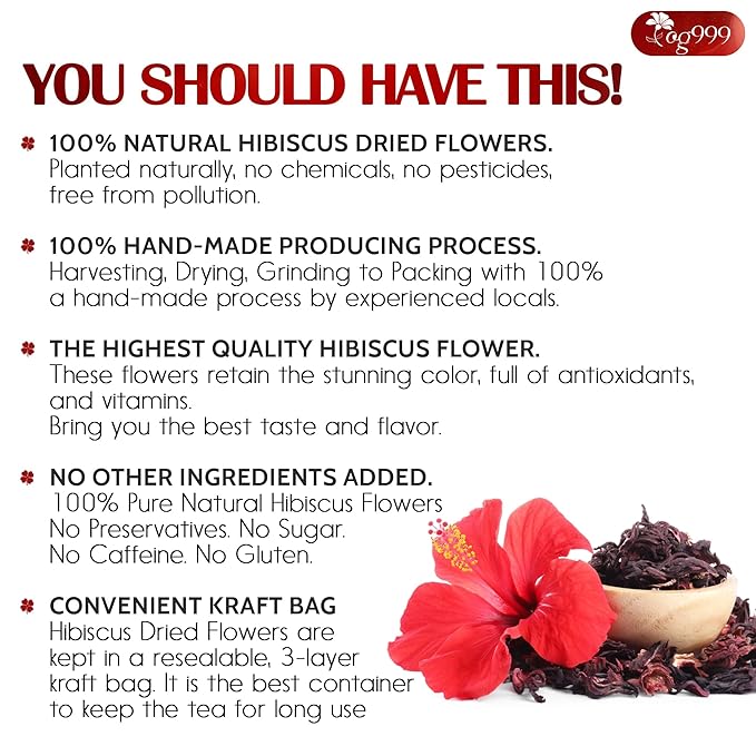 TOG999, Premium Hibiscus Flowers 16oz | Dried Petals | Naturally Caffeine-Free Herbal Tea | Vibrant Color & Tart Floral Flavor | Non-GMO, Gluten-Free, Vegan | Perfect for Tea, Beverages, and Crafts