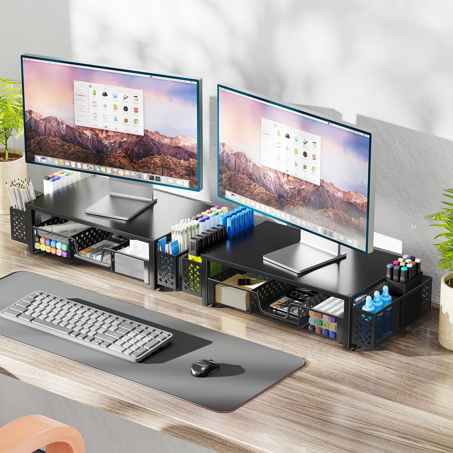 Simple Trending Desk Organizer and Accessories, Computer Metal Monitor Stand Riser with Drawer and Pen Holder for Laptop, Computer, iMac, Black