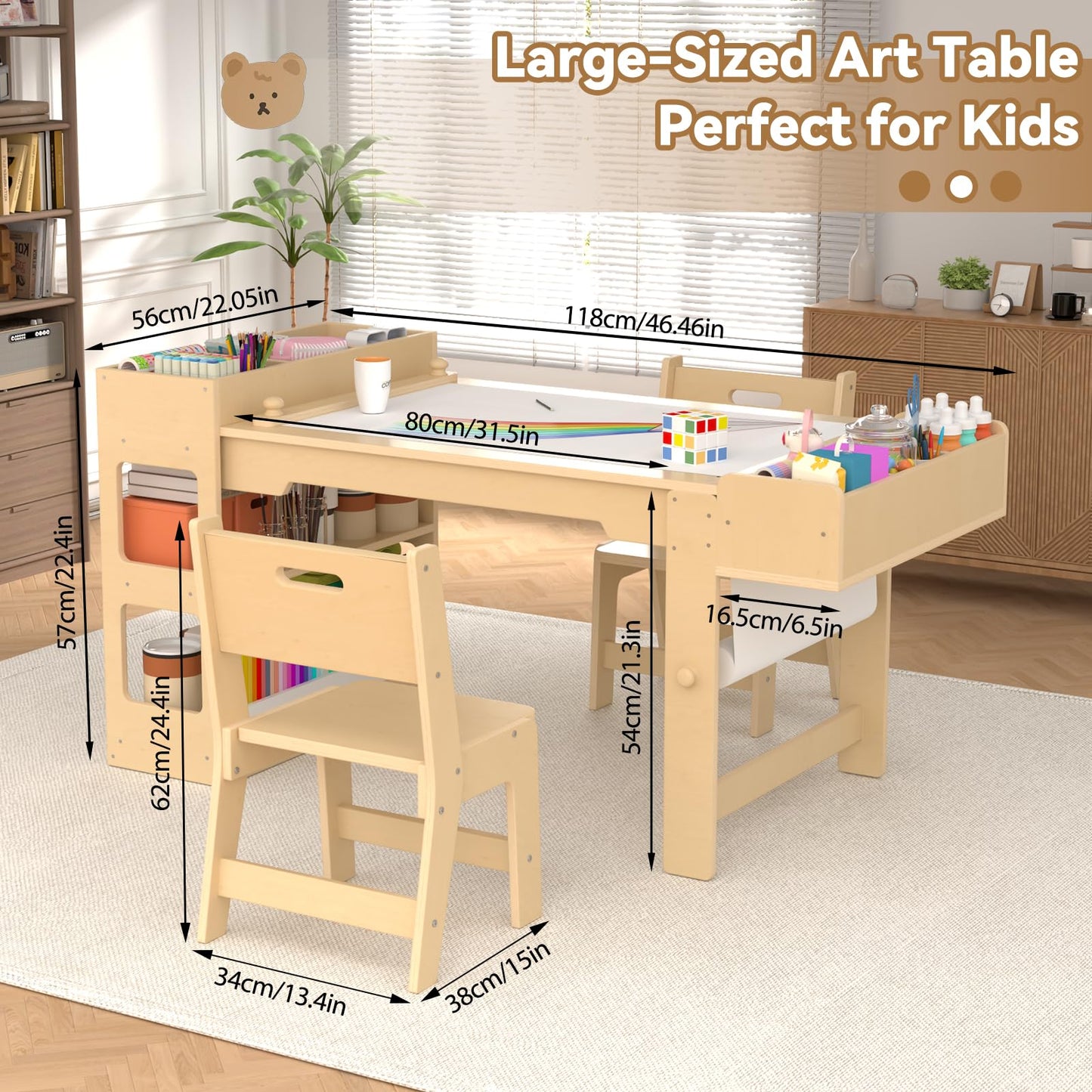 Kids Art Table and Chair Set, Kids Craft Table with Storage, Toddler Activity Play Desk with 2 Chairs, Wood Art Craft Play Desk with Paper Roller for Writing, Drawing, Learning and Reading