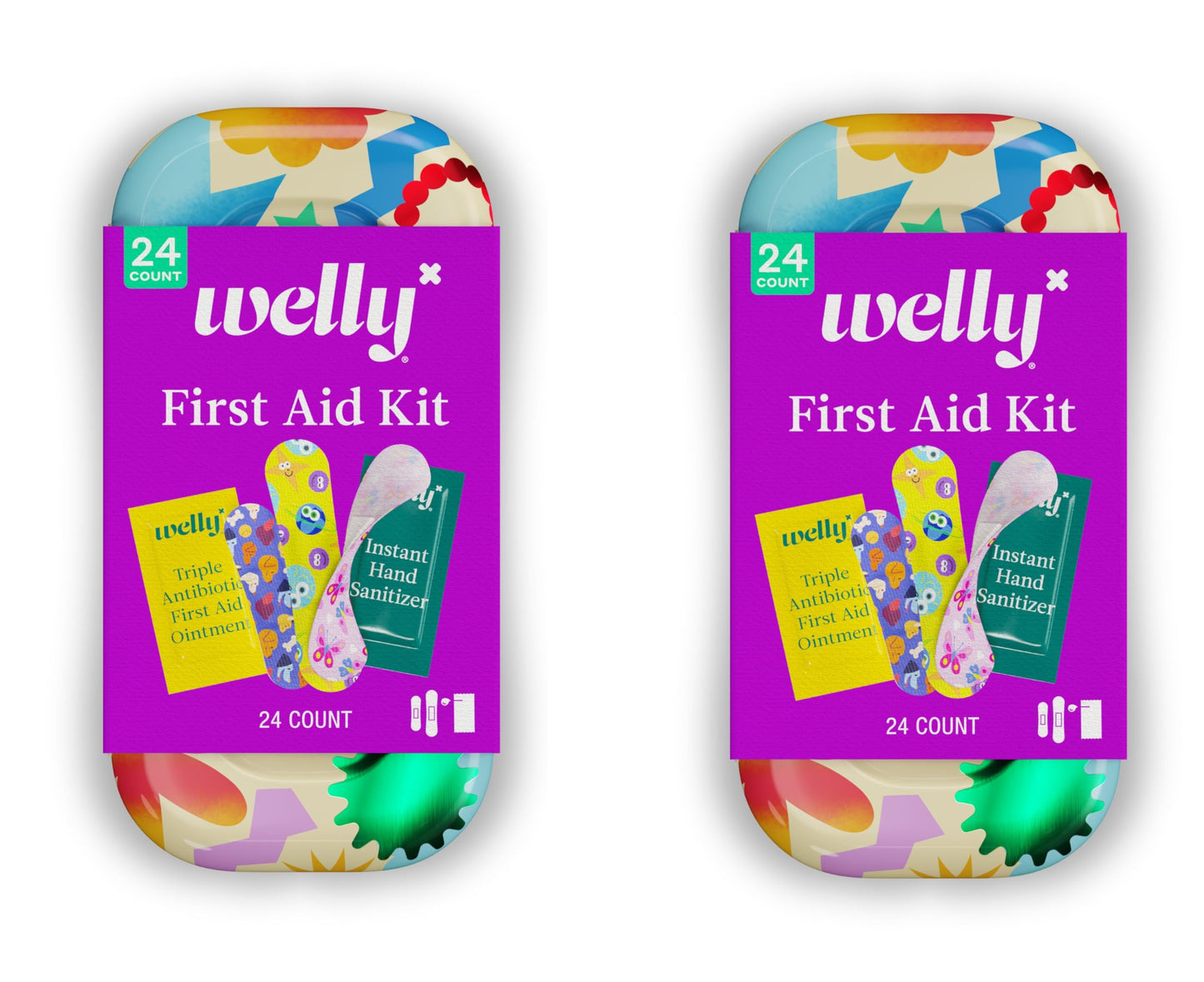 Welly Quick Fix, On The Go First Aid Kit, Assorted Bandages, Ointments, and Hand Sanitizer, Three Color Bandages - 2 Pack