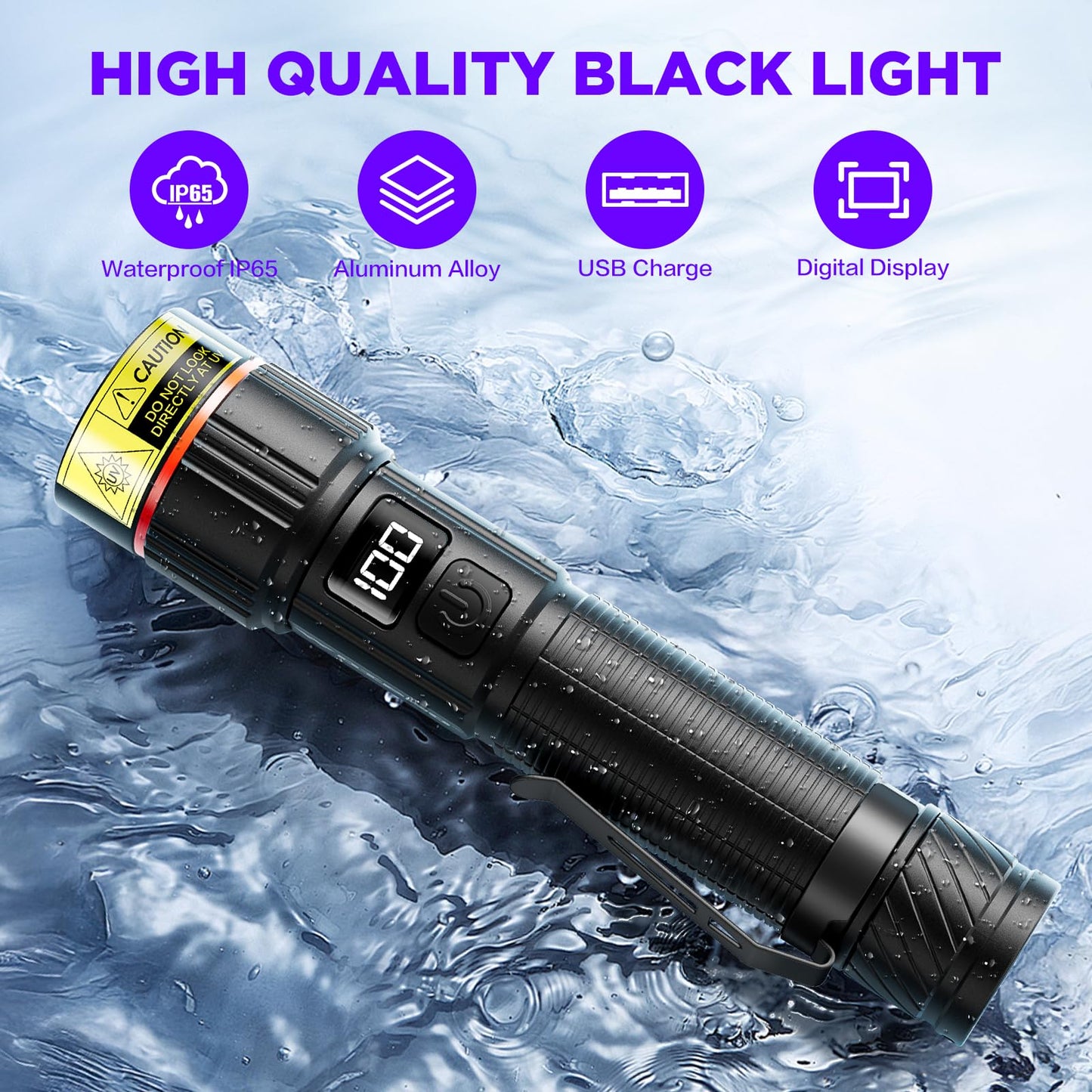 WdtPro UV Flashlight 395nm Super Bright, Rechargeable Black Light with LCD Display, IP65 Zoomable UV Light with Clip, Powerful Portable Blacklight for Pet Urine Stains, Scorpions, Resin Curing