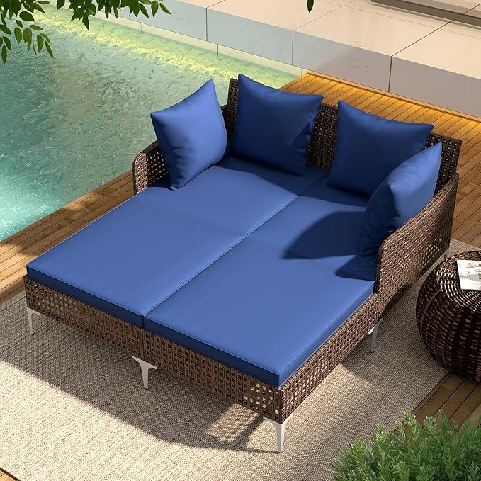 Tangkula Outdoor Rattan Double Daybed, Boho Wicker Chaise Lounge for 2 with Seat & Back Cushions, Outdoor Sunbed Loveseat with Metal Support for Backyard, Poolside & Deck (Navy)
