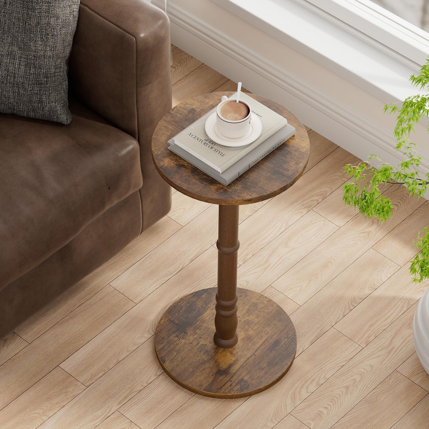 Homleke 12" Round Side Table, Solid Wood Pillar with Wood Top & Base, Small Drink Accent Table for Living Room, Bedroom, Sofa & Office, Easy Assembly, Rustic Brown