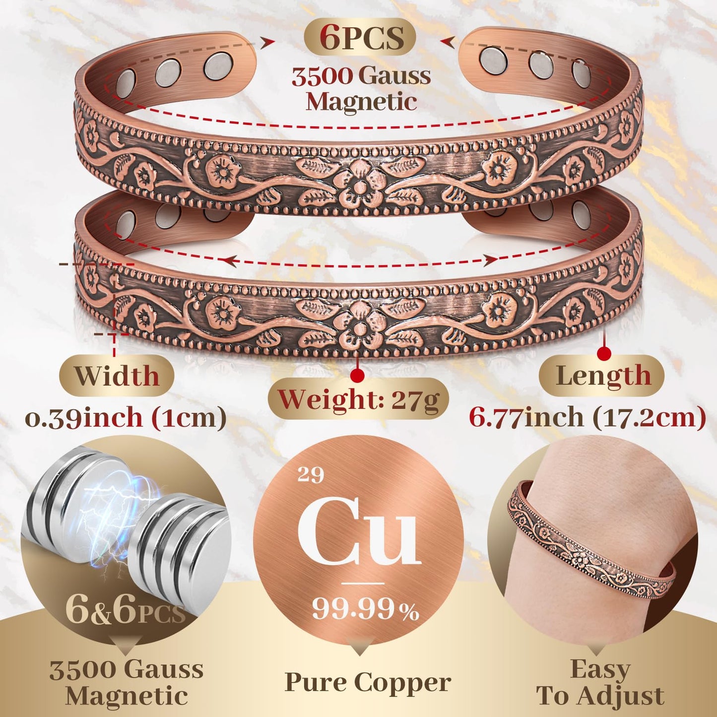Auramag Copper Bracelets for Women, 99.99% Pure Copper Cuff Bangle with 3500 Gauss Magnets, Adjustable Jewelry with Gift Box(Set of 2)