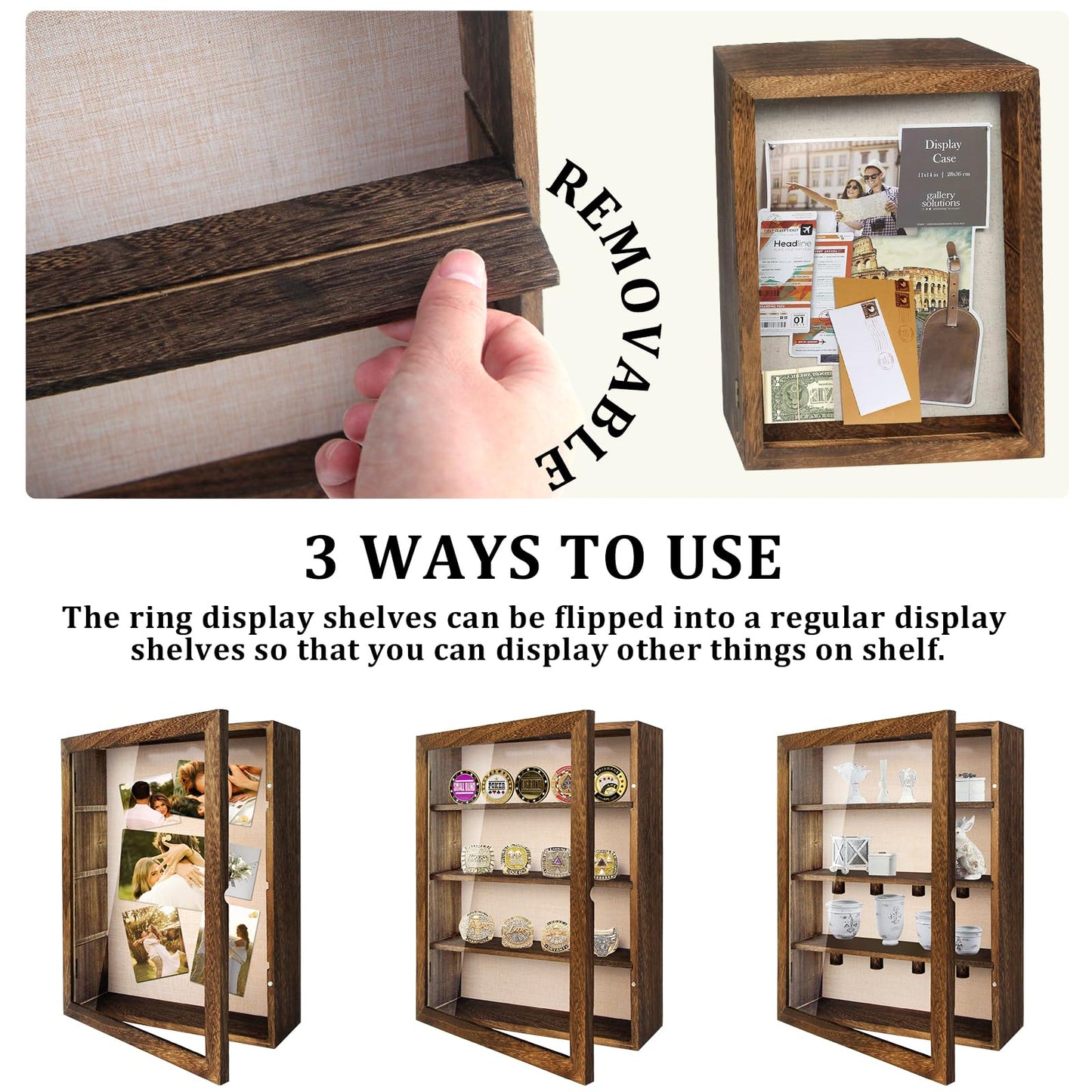 YEPOTUE Shadow Box Frame 11x14, Deep Shadow Box Display Case with Linen Back and Removable Shelves, Wooden Memory Box for Wedding Bouquet, Photos, Medals, Keepsakes (Brown)