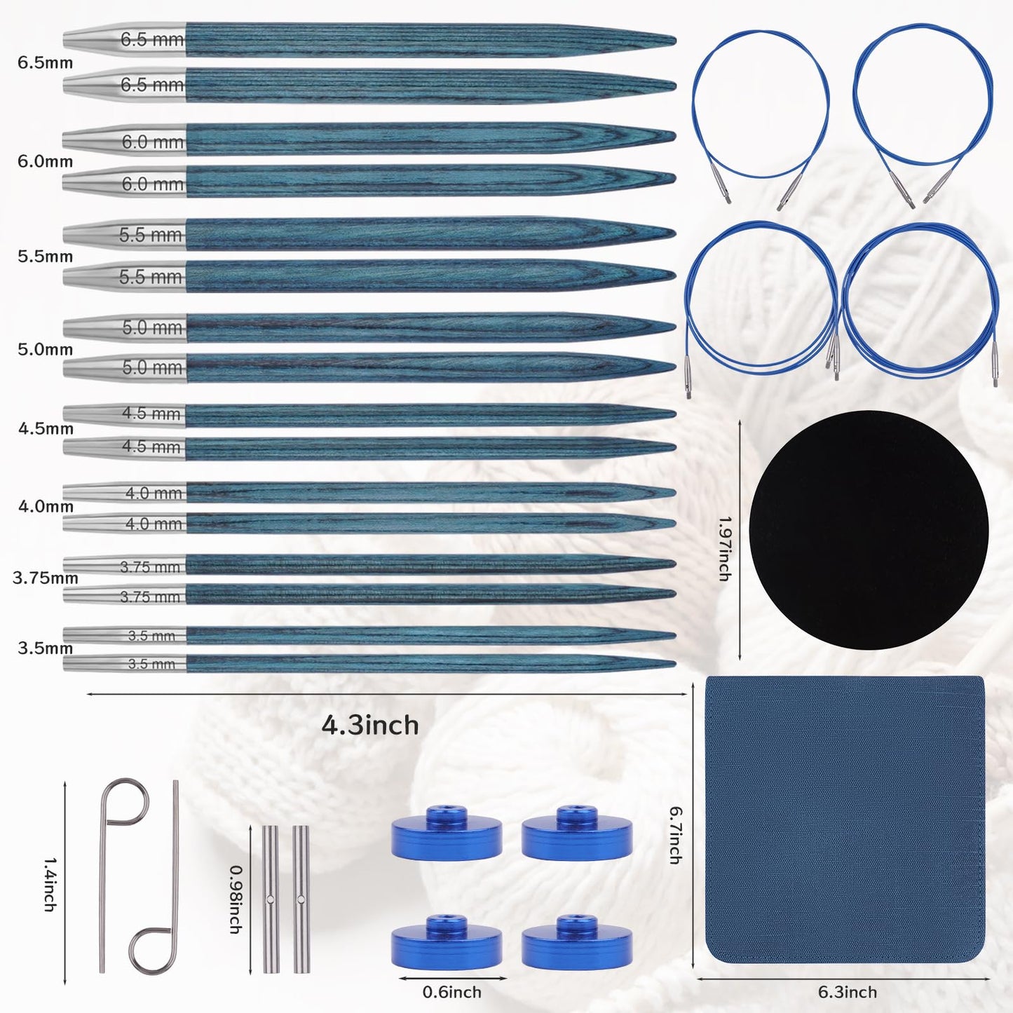 BsHooker Interchangeable Circular Knitting Needles Set with Case,3.5mm-6.5mm Birch Wood Knitting Needles Set with Cables,Complete Accessories