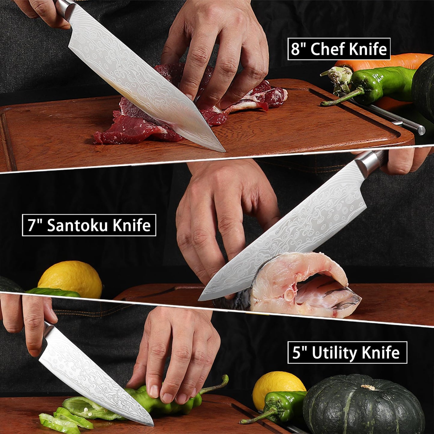 Howashin Kitchen Knife Set,High Carbon Stainless Steel Chef Knife Set,Sharp Forged Blade Professional Kitchen Knives Set with Ergonomic Handle, 3PCS Knives Set for kitchen with Gift Box