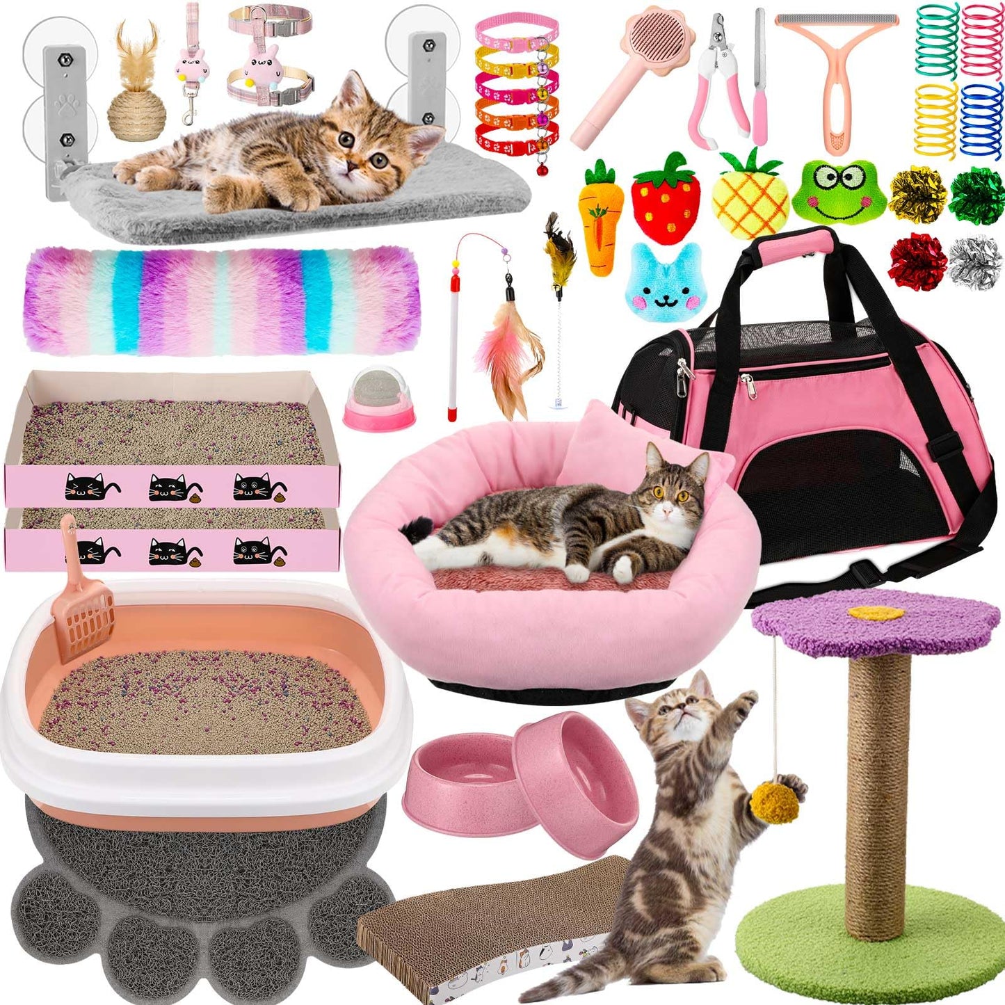 40 Pcs Kitten Starter Kit for Indoor Cats Include Litter Box, Carrier, Cat Bed, Climbing Post, Scratch Pad, Hammock, Feed Bowls, Mat, Collars, Nail File and More for Kitten Supplies Welcome Gift(Pink)