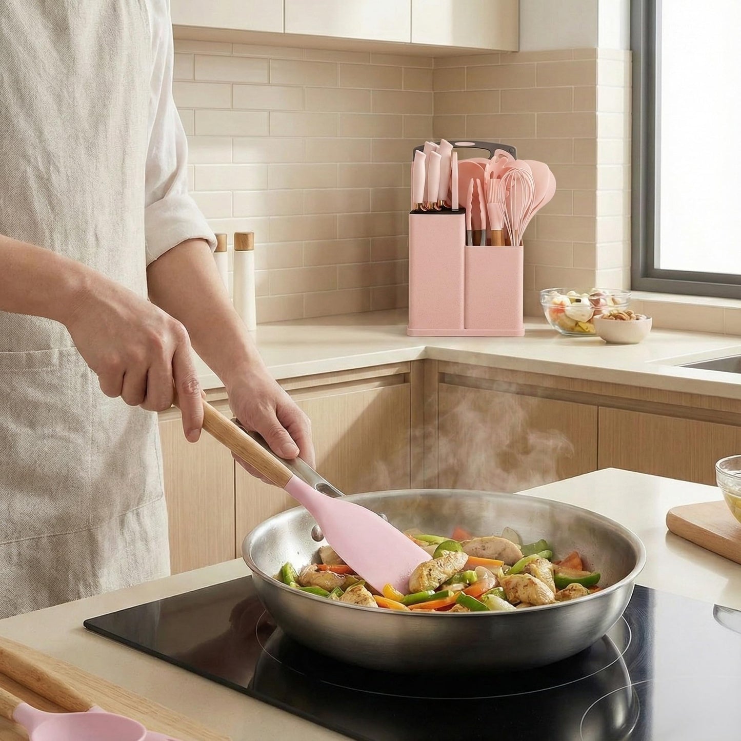 19-Piece Pink Kitchen Set for First Apartment - Complete Silicone Cooking Utensils with Wooden Handles, Pink Knife Set, Cutting Board & Holder - All-in-One Kitchen Starter Kit for New Home, BPA-Free