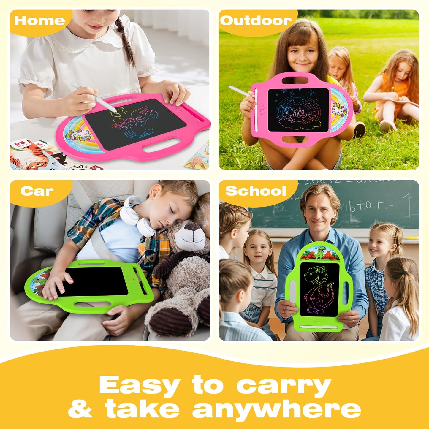2 Pack 8.5 Inch LCD Writing Tablet for Kids 2-6, Dinosaur & Unicorn Doodle Board with Handle, Travel Car Toy for Twins Siblings, Educational Gift for Boys Girls