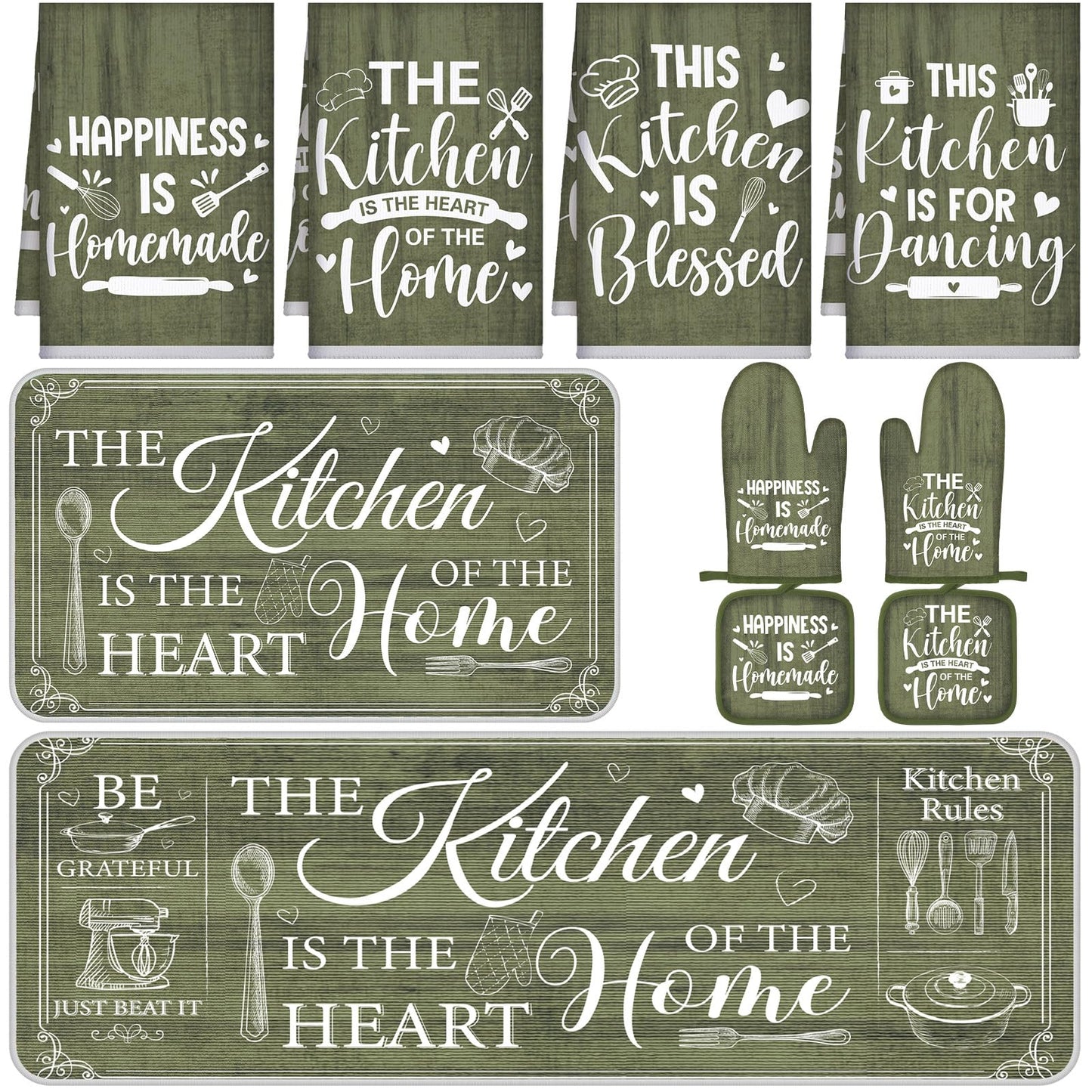 Fourluoo 10 Pcs Farmhouse Kitchen Decor and Accessories Set 4 Kitchen Towels 2 Pot Holders 2 Oven Mitts 2 Rugs for Cooking Baking Mom Housewarming Gifts(Sage Green,Classic Style)