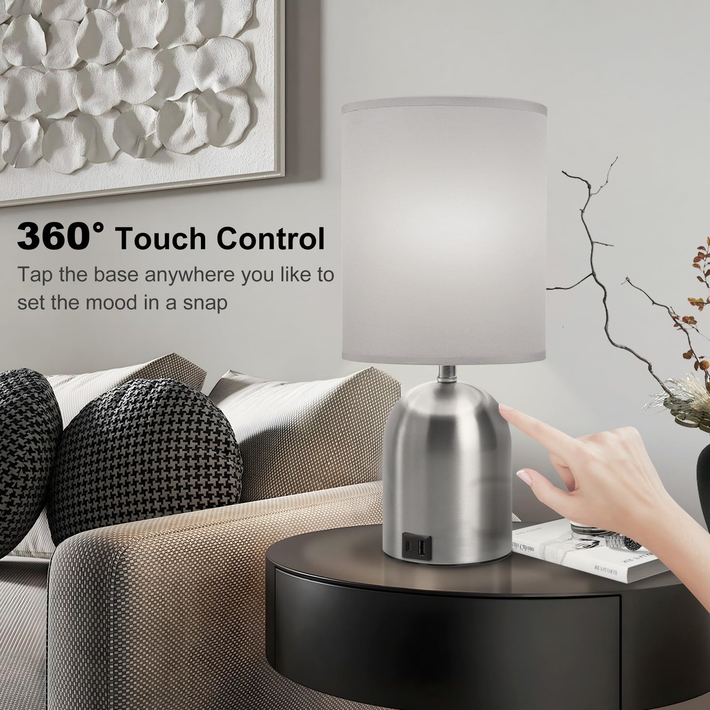 Fttoyoly Bedside Table Lamp for Bedroom, 3 Way Dimmable Touch Small Desk Lamp for Office with USB Charging Port Lamps for Living Room, Bedroom, Reading Room, Office, Grey/Sliver, Silver
