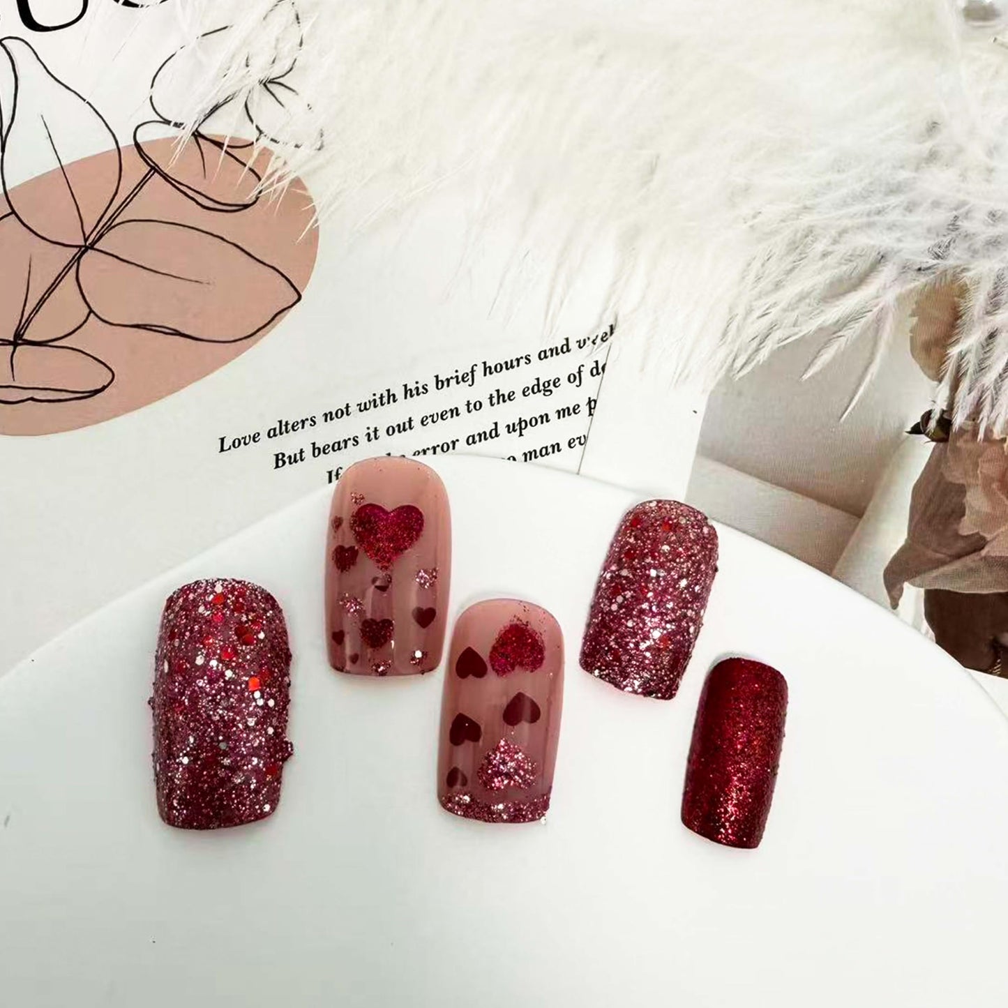 24Pcs Valentines Press on Nails Medium Square Red Heart Fake Nails Glitter Love Heart Design Glue on Nails Pink Red Glitter False Nails for Women Valentine Nail Decoration for Women Gift