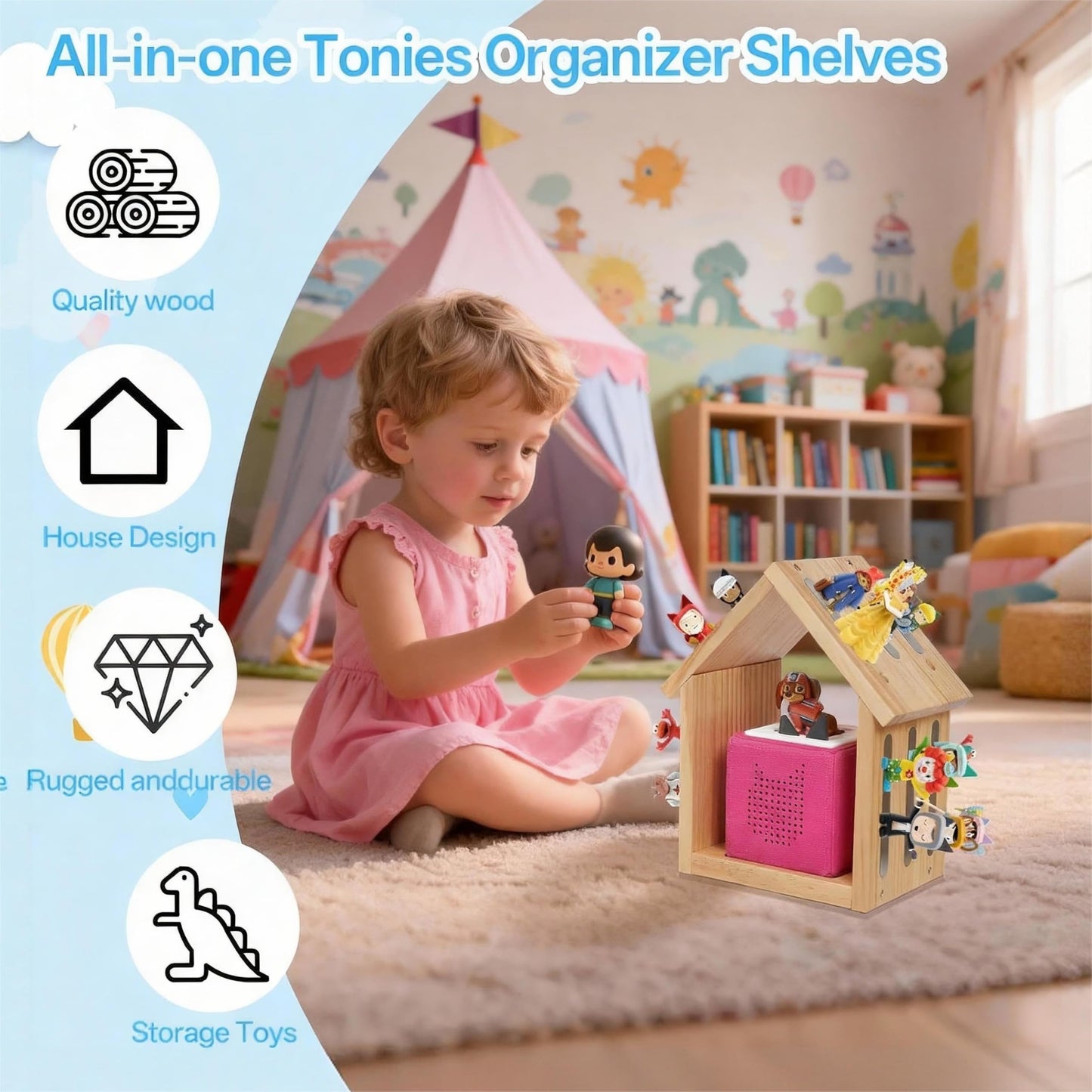 WAKCCIL for Tonies Shelf Magnetic Wall-Mount/Desktop House-Shaped Floating Storage Shelf, Wooden Display Organizer for Tonies Storage, Figure Organizer Rack for 12-40 Figurines Collection