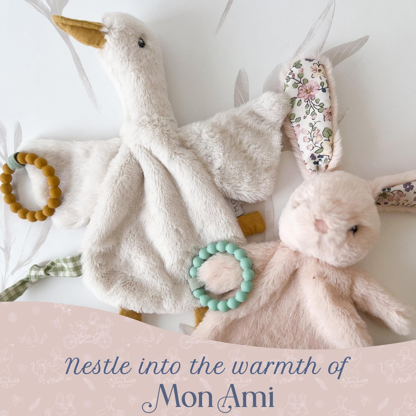MON AMI PRU Goose Teether Lovie | 12-Inch Baby Security Blanket with Silicone Teether | Soft Plush Lovey for Teething Relief & Comfort