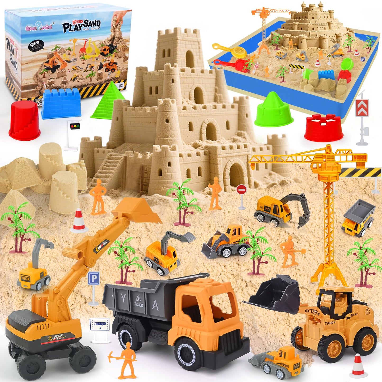 Sensory Beach Toys for Toddlers - 44PCS Sand Construction Kit with 8 Trucks, Foldable Sandbox, 2.7lbs Magic Sand, Crane, Signs, Molds, Shovel – Outoor Toys for Boys & Girls Ages 3+