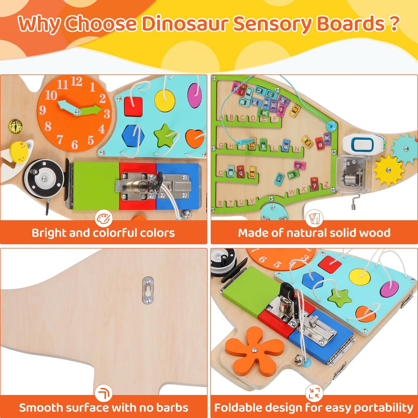FIIOEOY Dinosaur Activity Wall Busy Board Panels, 11-in-1 Montessori Sensory Wall Panel for Kids, Toddler Learning Activity Center, Perfect for Playroom Daycare Nursery Classroom