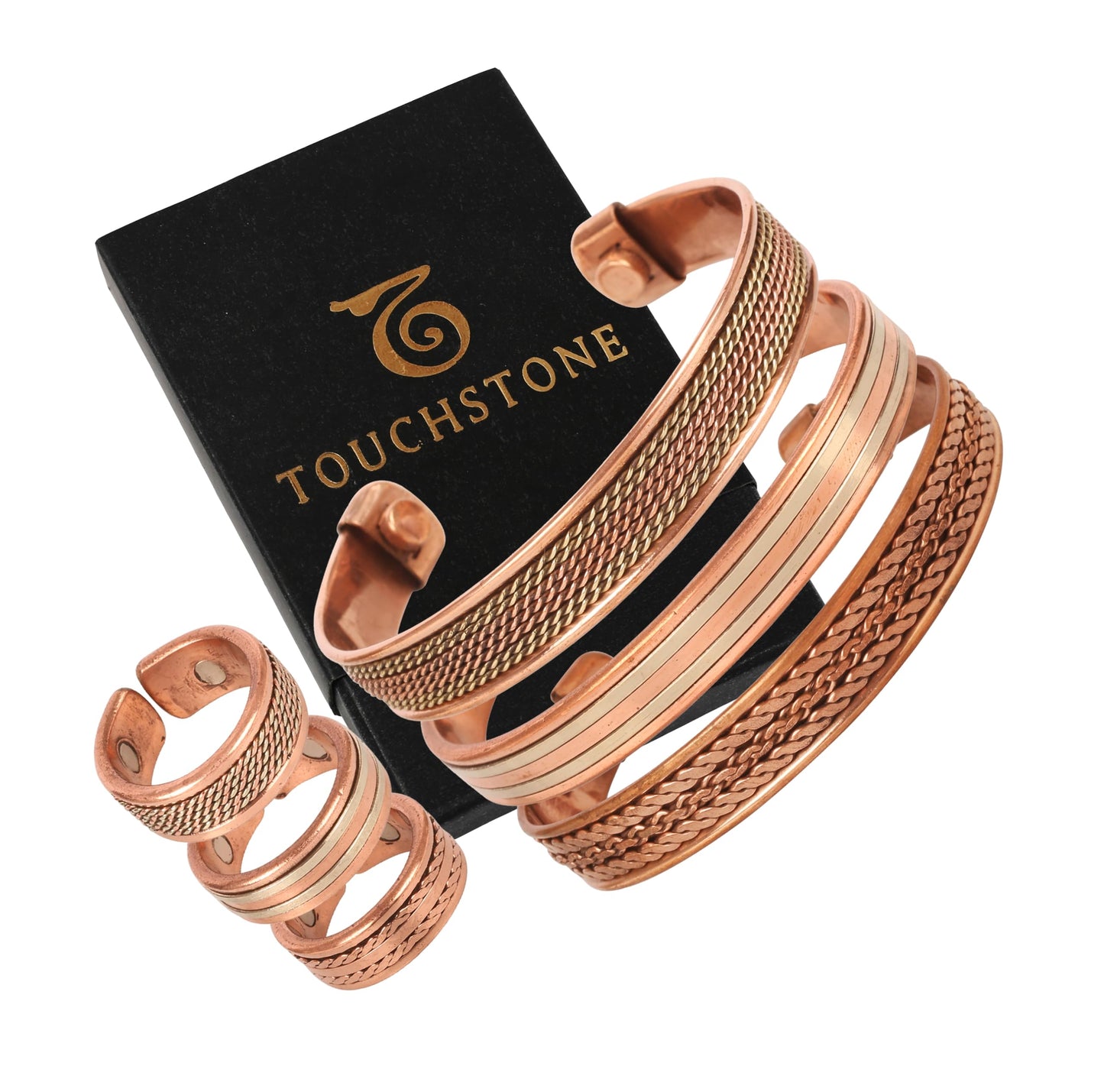 Touchstone Handcrafted Copper Magnetic Hand Forged With Solid And High Gauge Spiral Wire Braided Minimalistic 3 Bracelets And Matching Finger Combo In Two Tones For All.