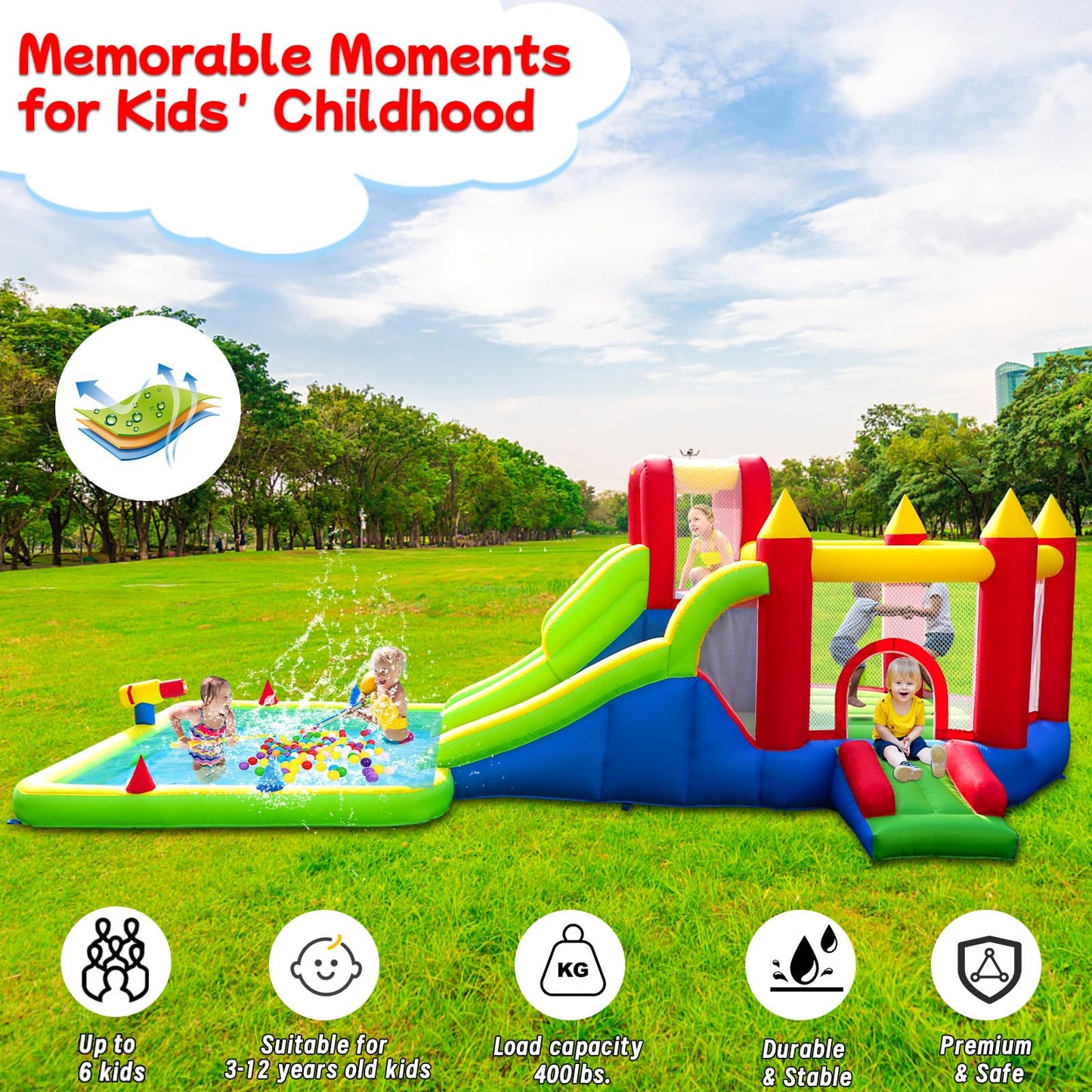 Umbalir 10-in-1 Inflatable Water Park - Giant Bounce House with 2 Water Slides, Big Splash Pool, Water Cannons, Climbing Wall, Tunnels & Obstacle Course for Endless Fun