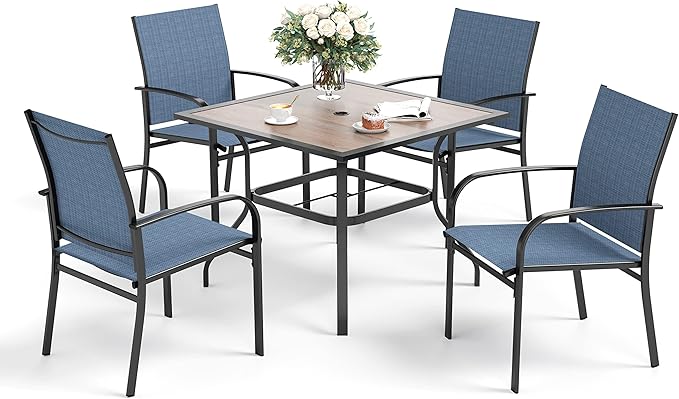 5 Piece Patio Dining Set for 4, 37”x37” Square Table (PVC Wood-Like Table Top) with 1.57" Umbrella Hole, 4 Metal Blue Chairs, Outdoor Table and Chairs Set for Lawn Backyard and Deck
